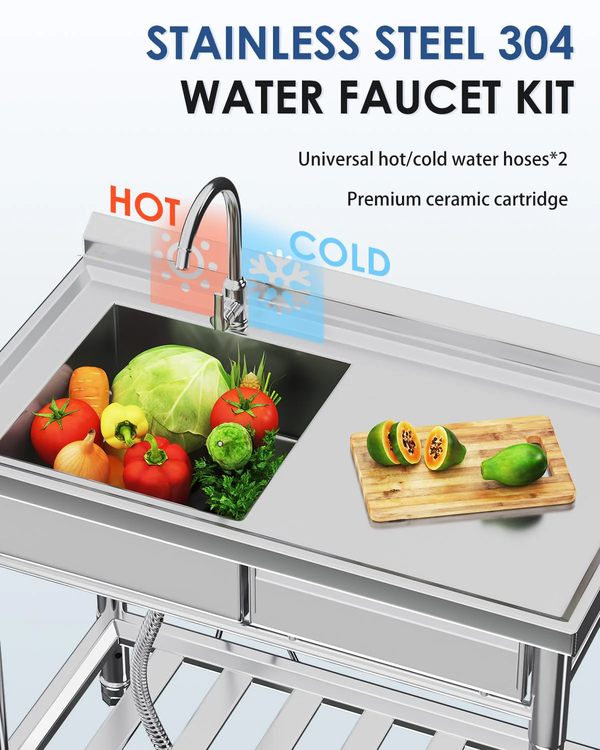 AECOJOY Stainless Steel Utility Sink, Free Standing Single Bowl Commercial Kitchen Sinks with Faucet
