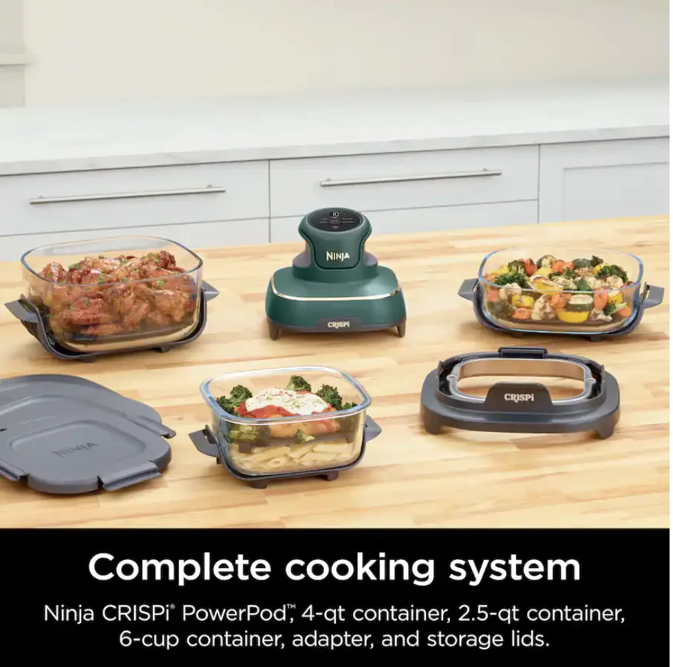 Ninja Crispi 5 - in - 1 Portable Glass Air Fryer Cooking System FN103BF, British Racing Green with Soft Gold Trim, 1500W, New
