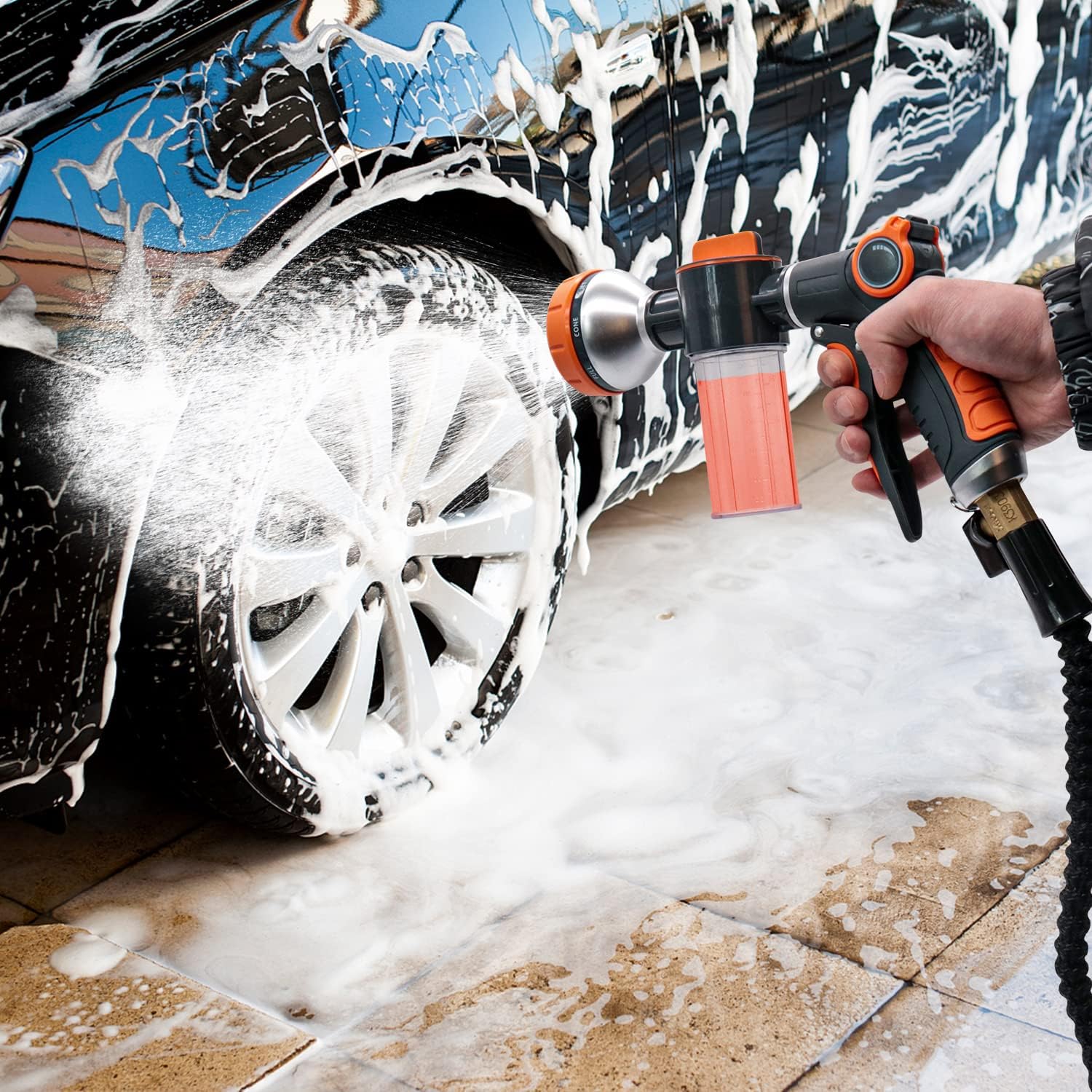 Garden Hose Nozzle, 8 Patterns High Pressure Hose Sprayer, Heavy Duty Dog Wash, Metal Water Hose Nozzle with Soap Dispenser, Car Wash Foam Gun with Car Wash Mitt