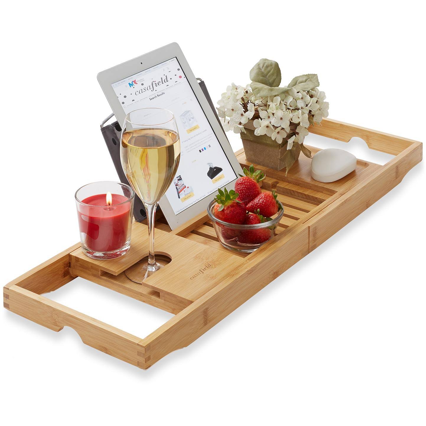 Casafield Bamboo Bathtub Caddy - Luxury Expandable Bath Tray - Adjustable Tub Organizer Holder for Tablet, Book, Phone, Wine Glass, Candles, and Soap