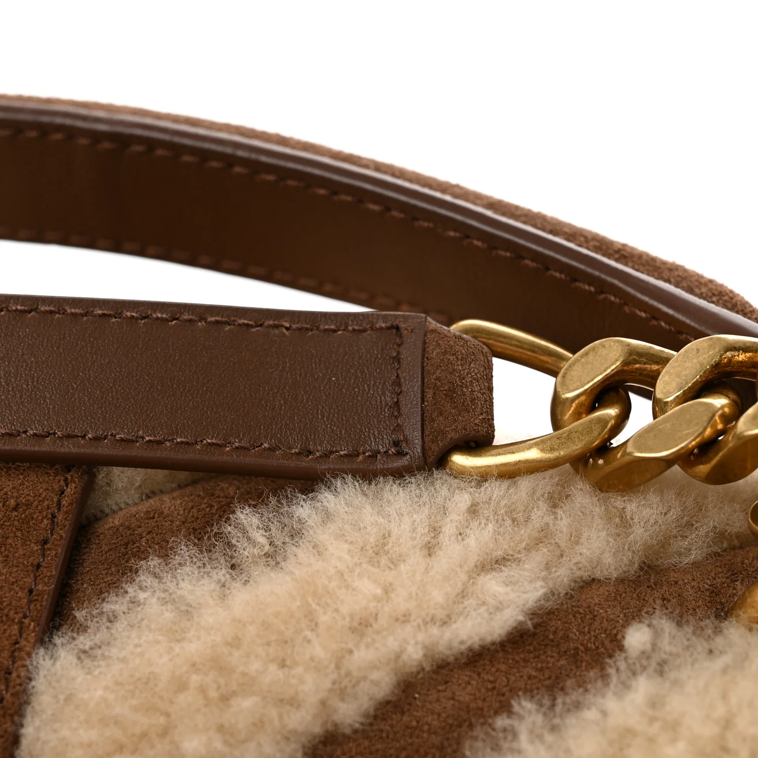 Nubuck Shearling Chevron Monogram Medium College Bag Dark Cigar Natural Beige