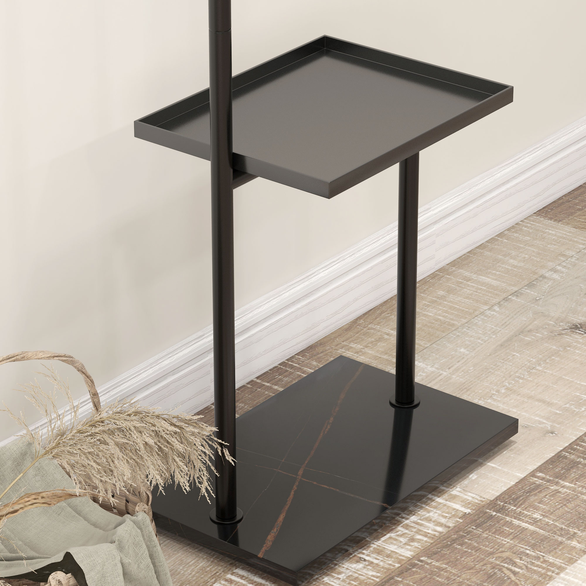 HOMCOM Kapstok met Kledingstang, 3 Haken, Opbergvak, Kunststeen Basis, Zwart