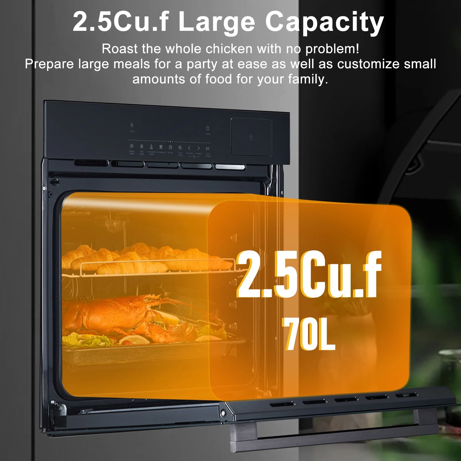 24" Single Wall Oven with 108 Smart Menu 8 Baking Modes,3000W 2.5 CF Convection Oven with Steam Air Fry Function,Stainless Steel,Touch Control Colorful LED Screen(With Colour LED Screen) - Image 9