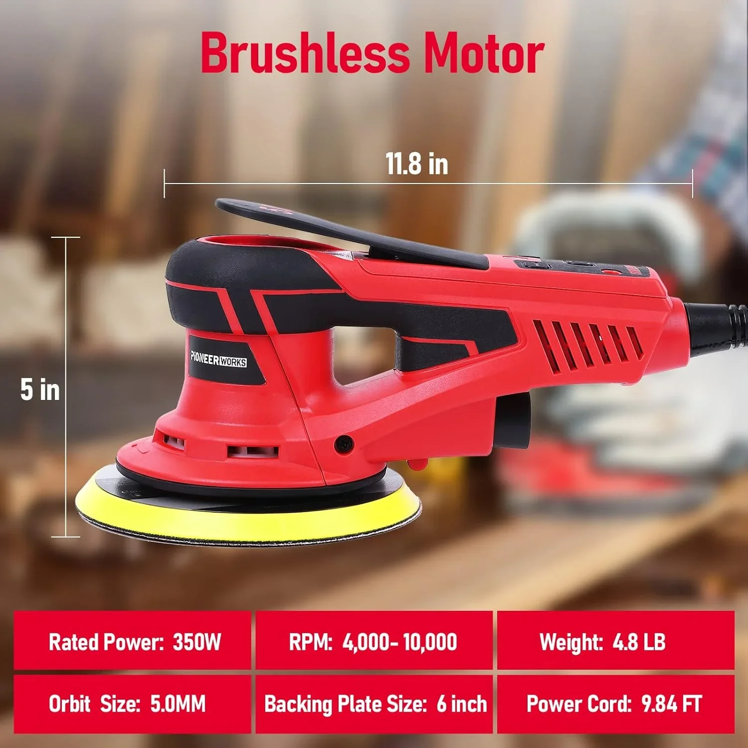 Electric Random Orbital Sander, Brushless Motor, Powerful 350W & Low Vibration Palm Sander, 10000 RPM Variable Speed, 6-Inch for Woodworking, Polishing, Carpentry