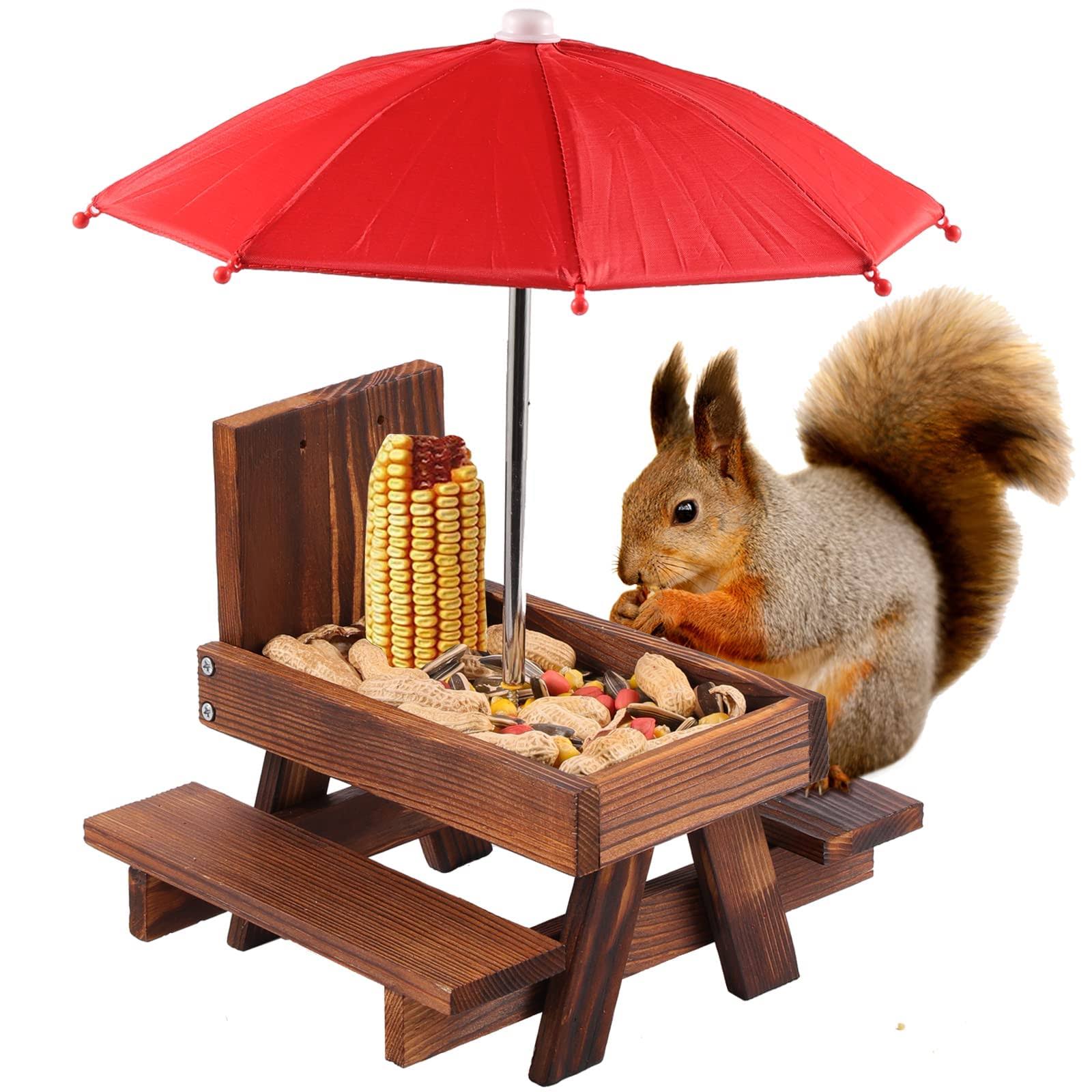 SKWIRRLE Squirrel Feeder Picnic Table with Umbrella, Wooden Squirrel Feeders for Outside with Corn COBs, Cute Chipmunk Feeder with Solid Structure for