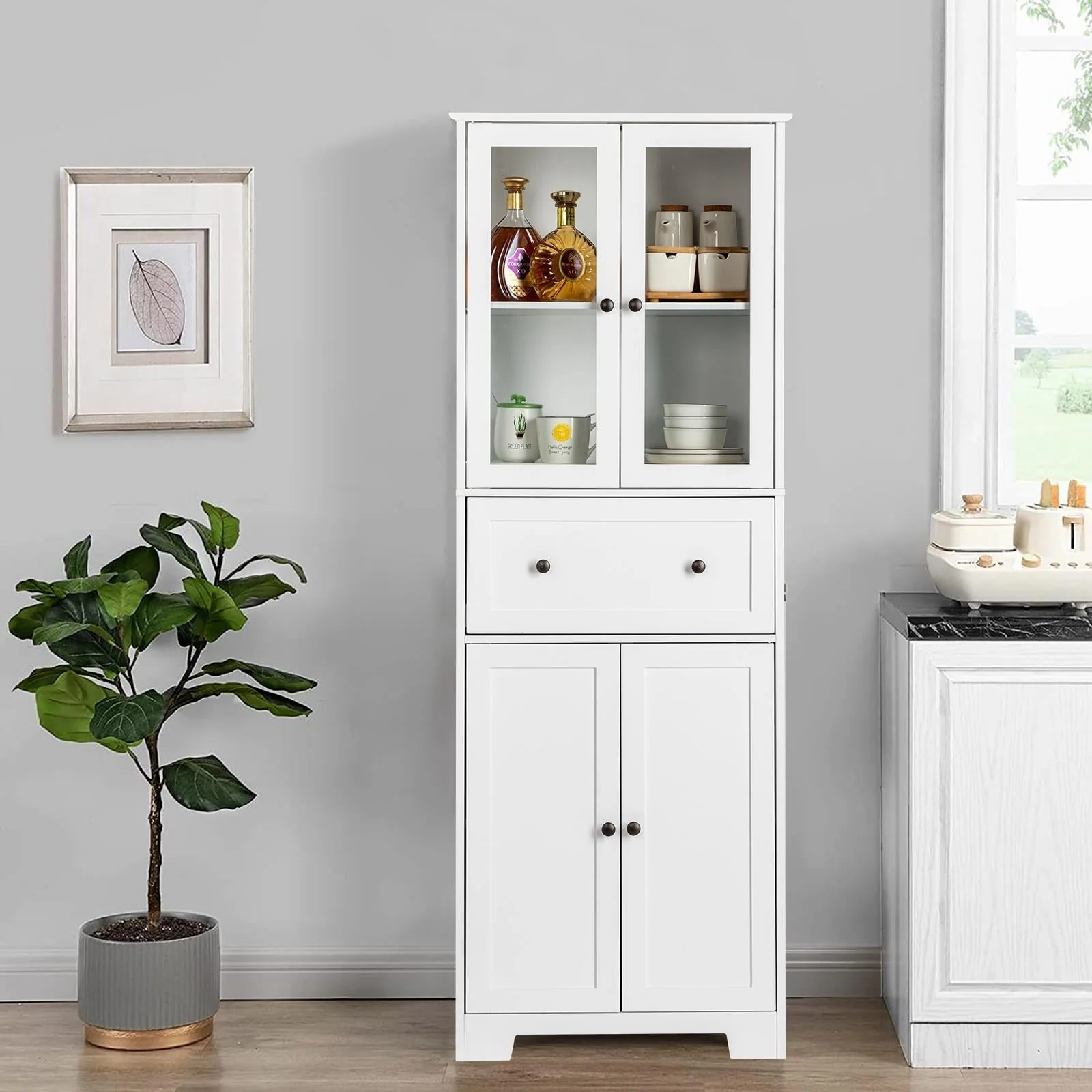 Ktaxon 64" Tall Bathroom Storage Cabinet Organizer, Freestanding Kitchen Pantry Cabinet Line Tower with 2 Glass Doors, Large Drawer 4 Adjustable Shelves for Dining Room Living Room Home Office,White Image 4