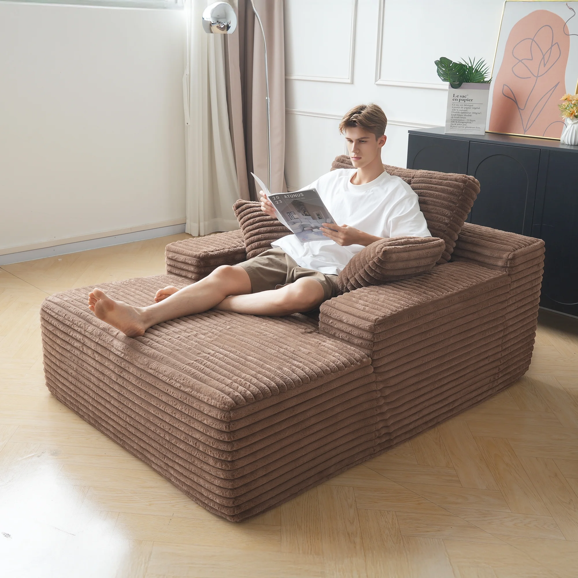 Oversized Chaise Lounge Chair Indoor,Upholstered Sofa Bed with Throw Pillows and Armrests,Sleeper Chair for Living Room,Bedroom,Brown,Corduroy(Brown) - Image 10