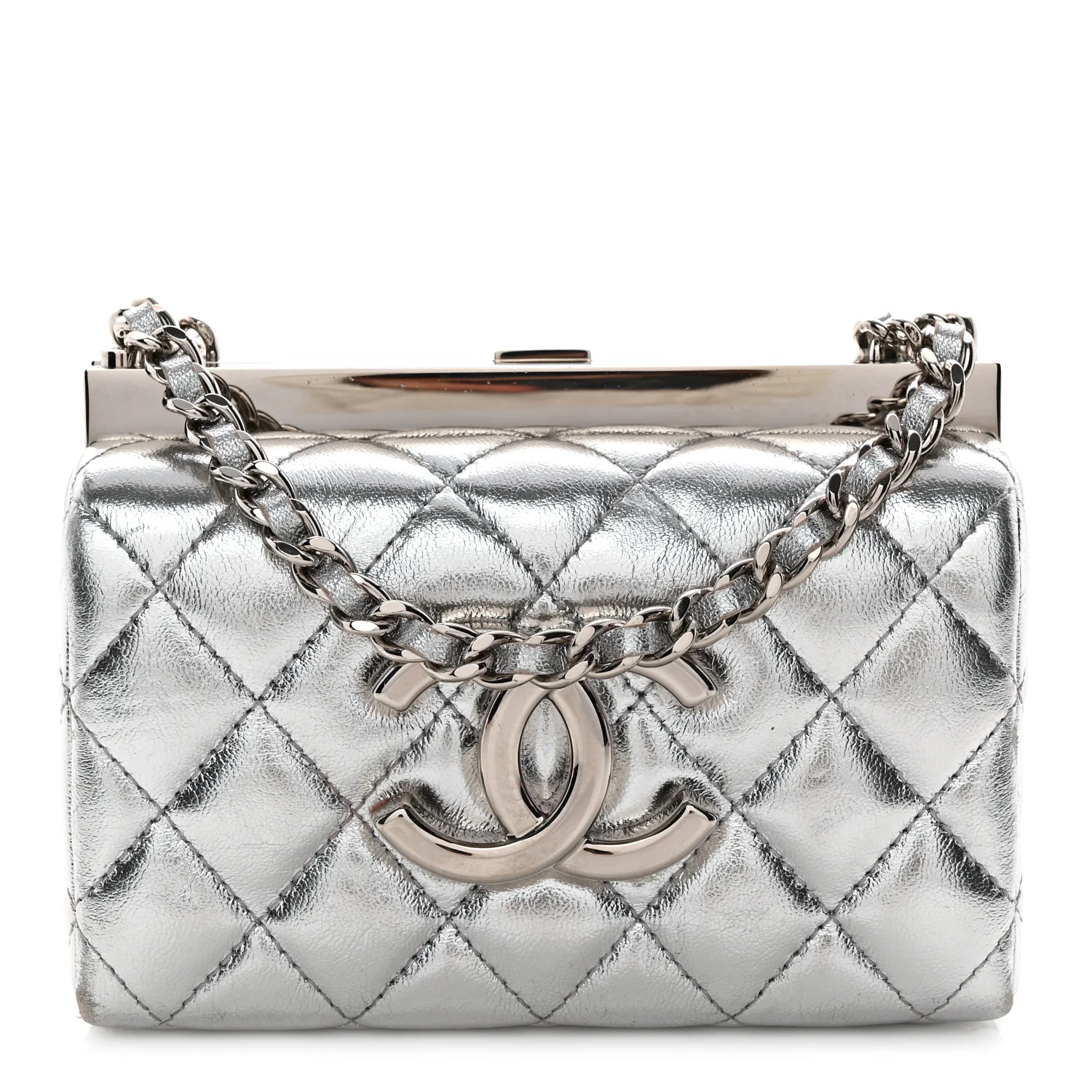 Metallic Calfskin Quilted Box Crossbody Silver