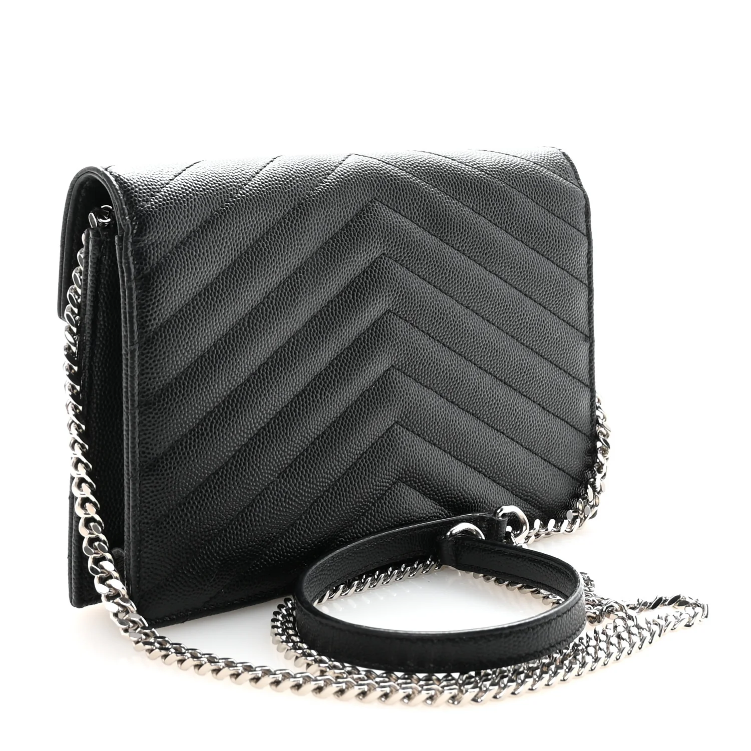 Grain De Poudre Matelasse Chevron Monogram Envelope Chain Wallet Black