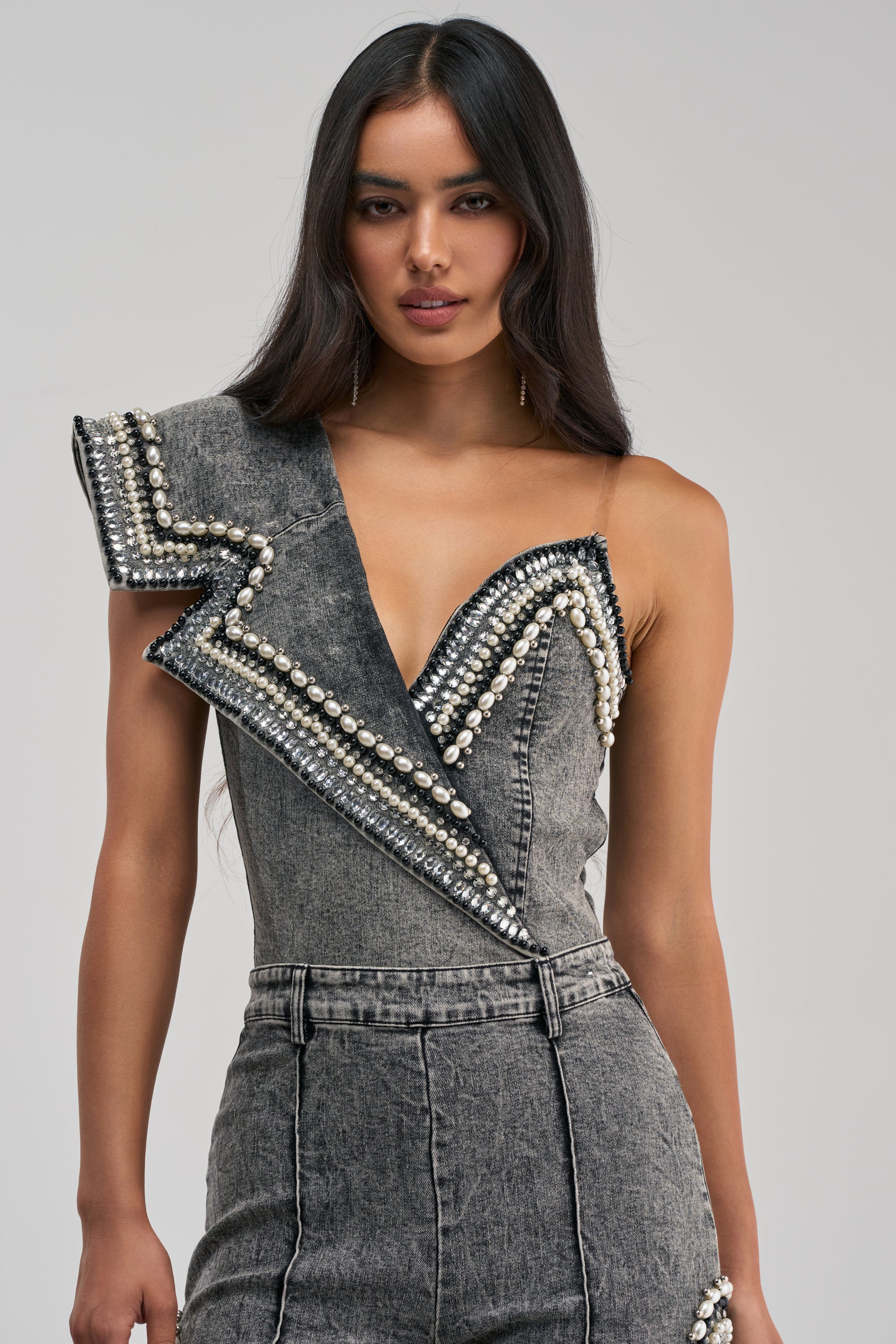 LUXURIOUS DENIM ASYMMETRICAL PEARL BODYSUIT IN GREY - Akira Store