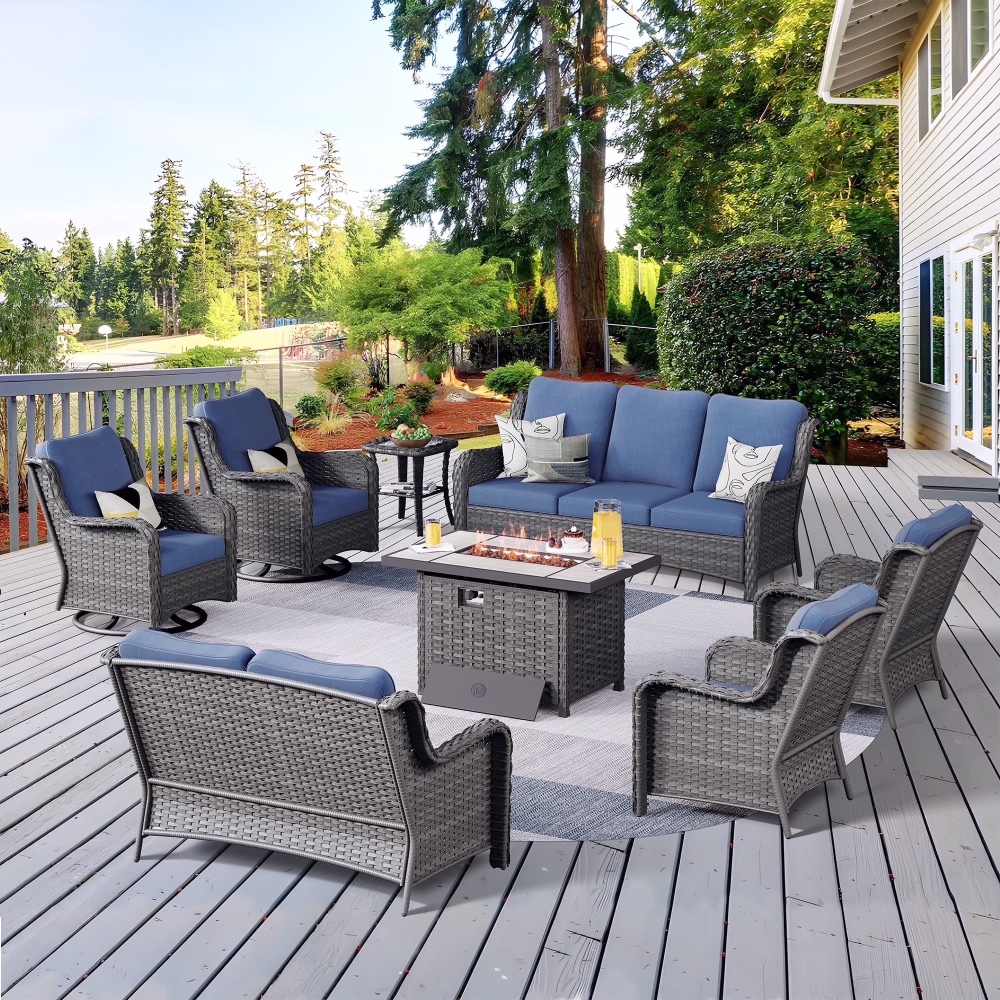 8 Pieces Outdoor Patio Furniture Sectional Sofa All-weather Conversation Set with Swivel Rocking Chairs and Fire Pit Table for Garden,Poolside,Gray(Gray/Gray) - Image 9