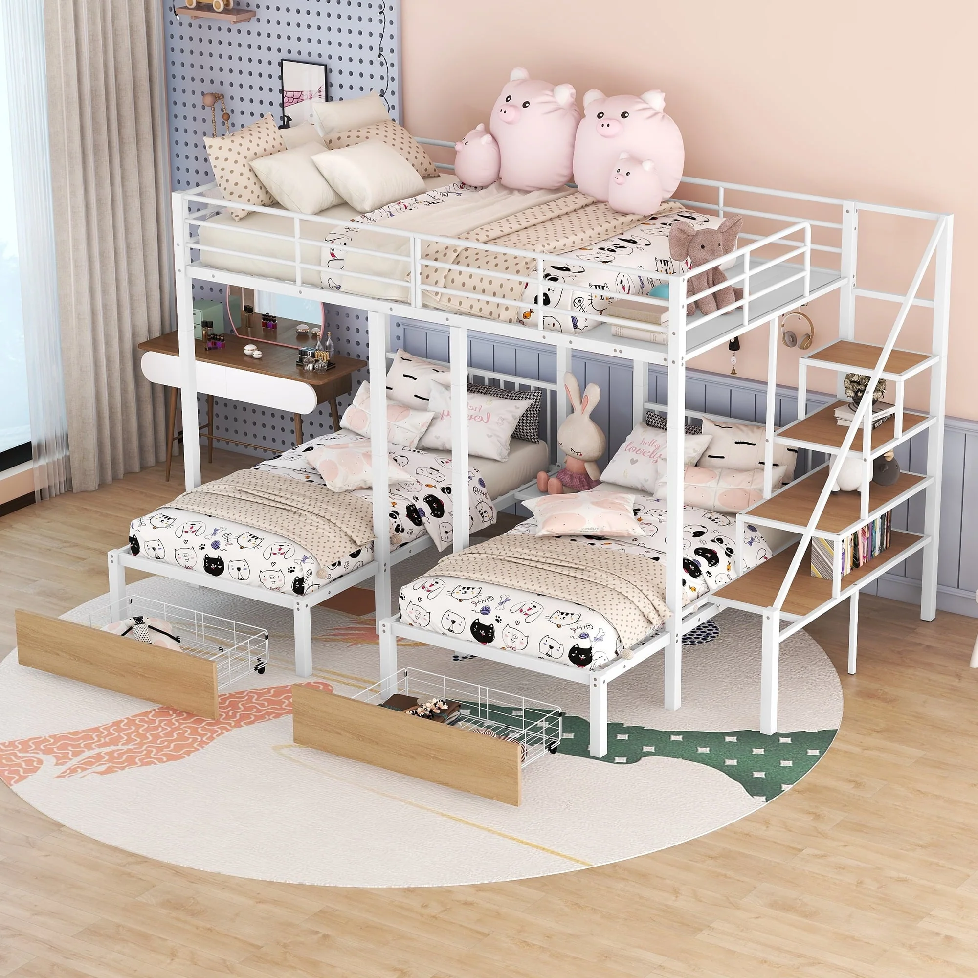 Bellemave Triple Bunk Bed with Stairs, Metal Full Over Twin - Twin Bunk Bed with Storage Drawers, Heavy - Duty Bunk Bed for 3 Kids, Teens, Boys & Girls (White)