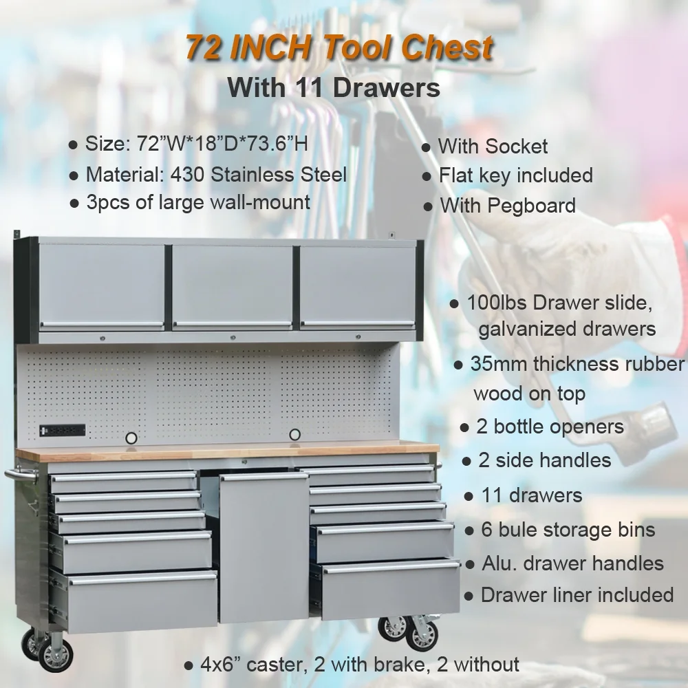72 inch 11 Drawers Tool Chest with 3 Up Cabinet Pegboard in Stainless Steel, Large Lockable Mobile Workbench with 6 Blue Storage Bins, Tool Box for Garage, Workshop (1 �� HTC7214W1+ 1 �� HTC7218W1) - Image 5