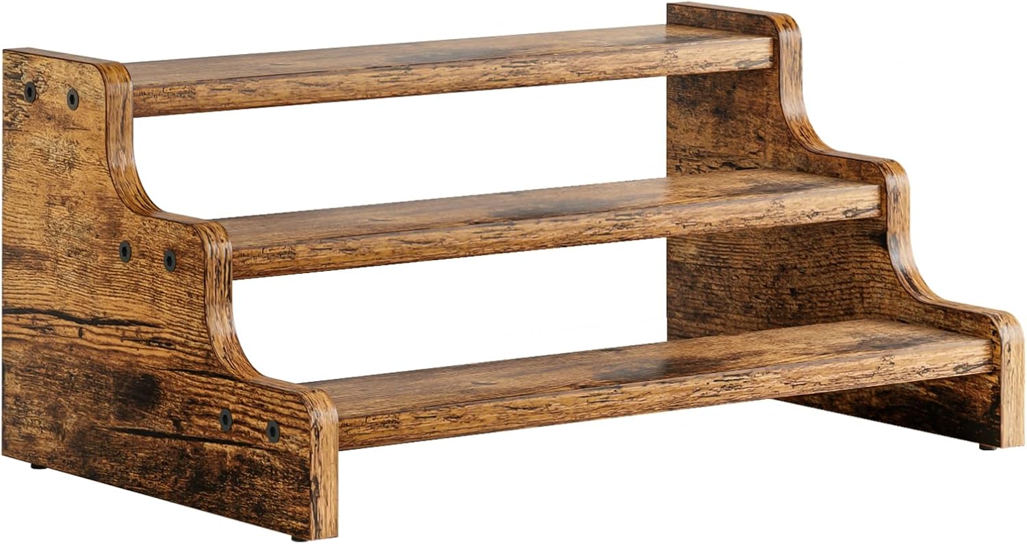 KLM 3-Tier Spice Rack, 13.8 Inch Wood Step Shelf Countertop Spice Storage Holder, Kitchen Pantry Cabinet Organizer Cupboard for Spice Bottles, Jars, Seasonings, Baking Supplies, Bathroom Organizer