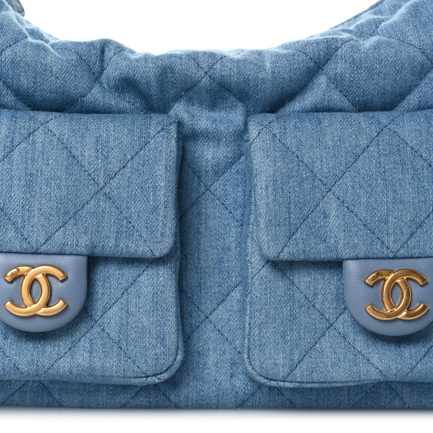 Washed Denim Quilted Large Trendy Pockets Hobo Blue