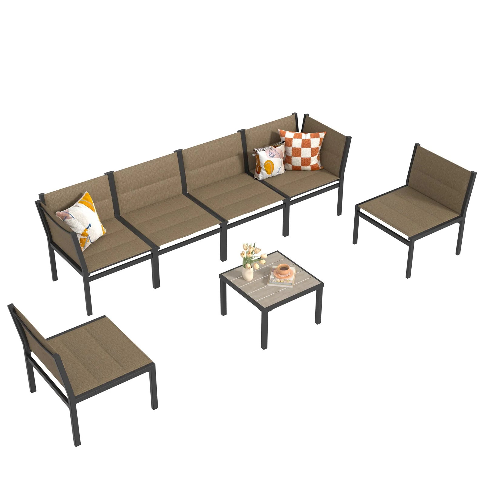 AECOJOY 7 Pieces Outdoor Sectional Furniture Textilene Fabric Outdoor Conversation Sets, Brown