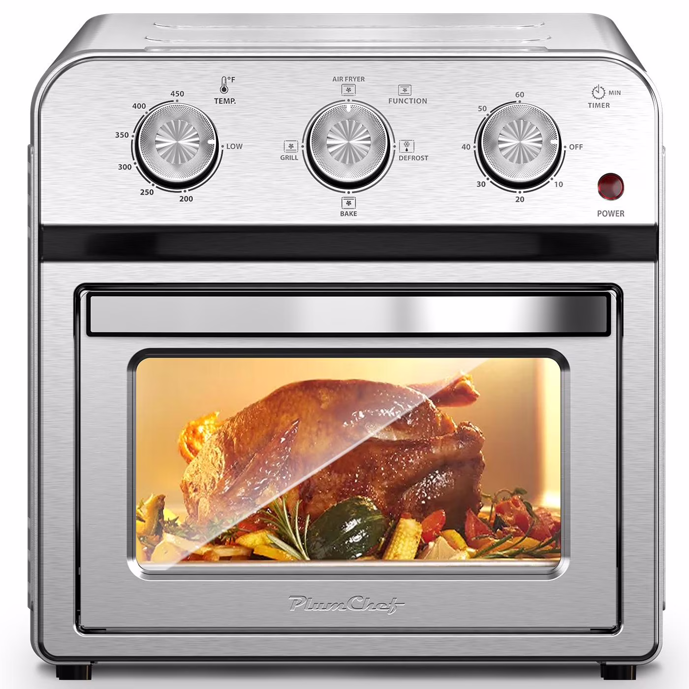 Plum Chef 13QT Air Fryer Toaster Oven Combo, 7-in-1 Multifunctional Countertop Oven with 360�� Hot Air Circulation for Healthy Oil-Free Cooking, Family Size, Stainless Steel, Silver(20)