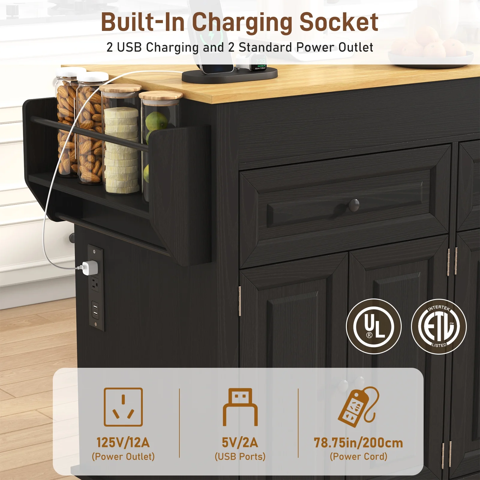 Large Kitchen Island with Extendable Dining Table and Power Outlet, Rolling Kitchen Island Cart on Wheels with 2 Storage Cabinets 2 Drawers 3 Spice Racks, Island Table for Kitchen(Black) - Image 4