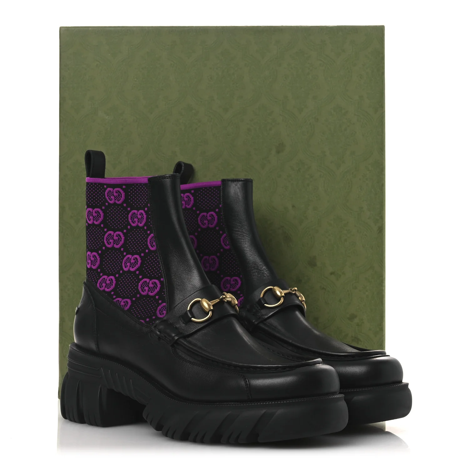 Quebec Calfskin Technical Jersey Knit GG Monogram Horsebit Ankle Boots 42 Black Fucsia