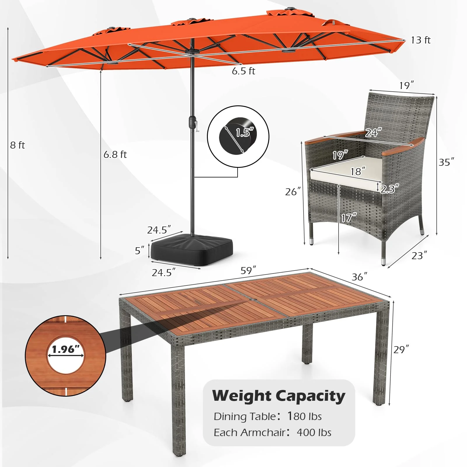 Tangkula 9 Piece Rattan Outdoor Dining Set with 13Ft Umbrella for 6