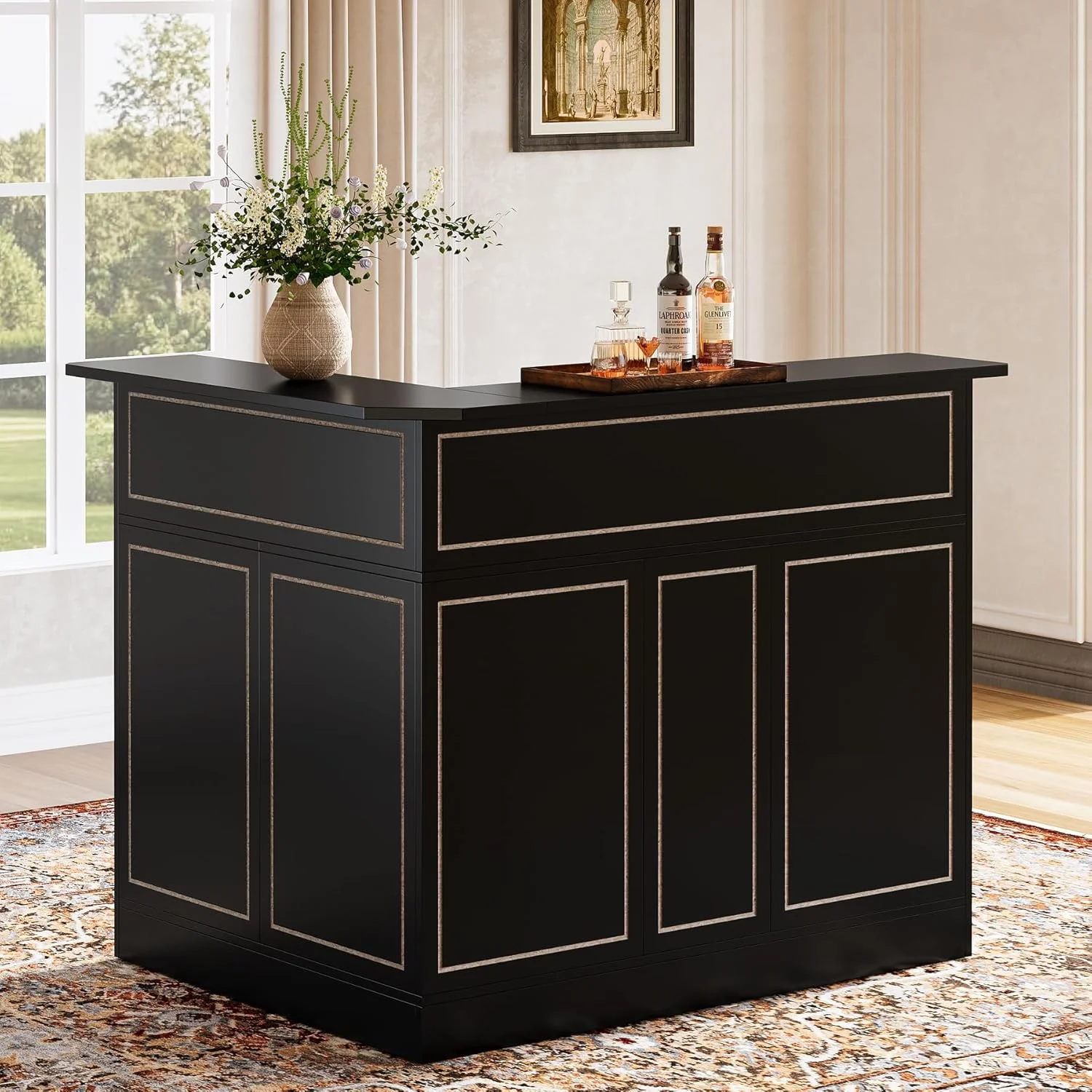 Bar Cabinet, L-Shaped Home Bar Table with Stemware Racks(Black) - Image 6