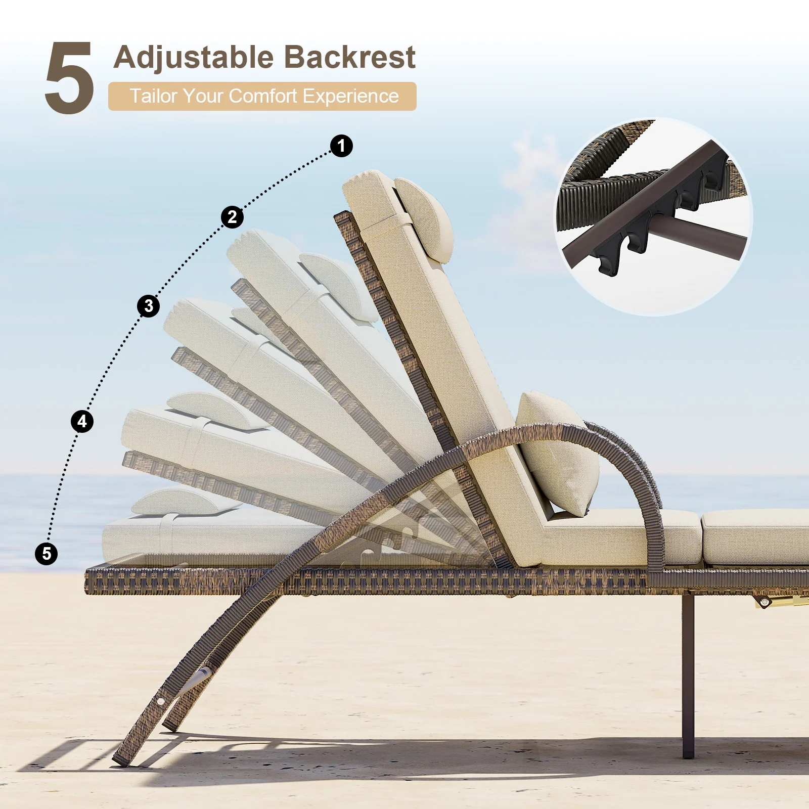4-Piece Outdoor Lounge Chairs, Pool Chairs with Adjustable 5 Position Backrest, PE Rattan Chaise for Backyard Porch Deck (Gray)(4/Gray) - Image 9