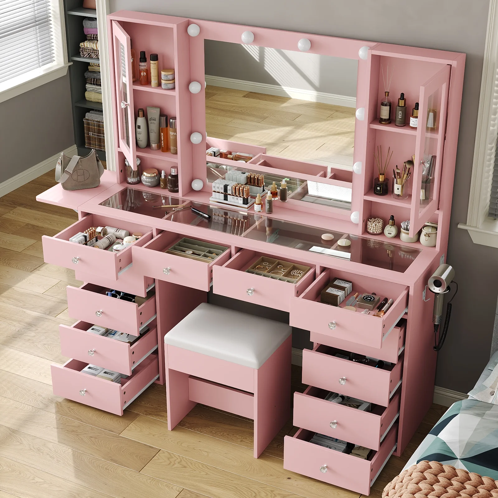 Vanity with Power Outlet, Vanity Desk with Mirror and 10 LED Lights, Makeup Vanity with 12 Drawers and 2 Cabinets, Fold - up Panel, Glass Top Vanity Table with Chair for Bedroom