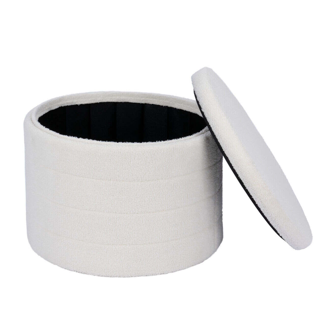 Pouf coffre de rangement rond blanc tissu bouclette Clara Ø56xH40cm