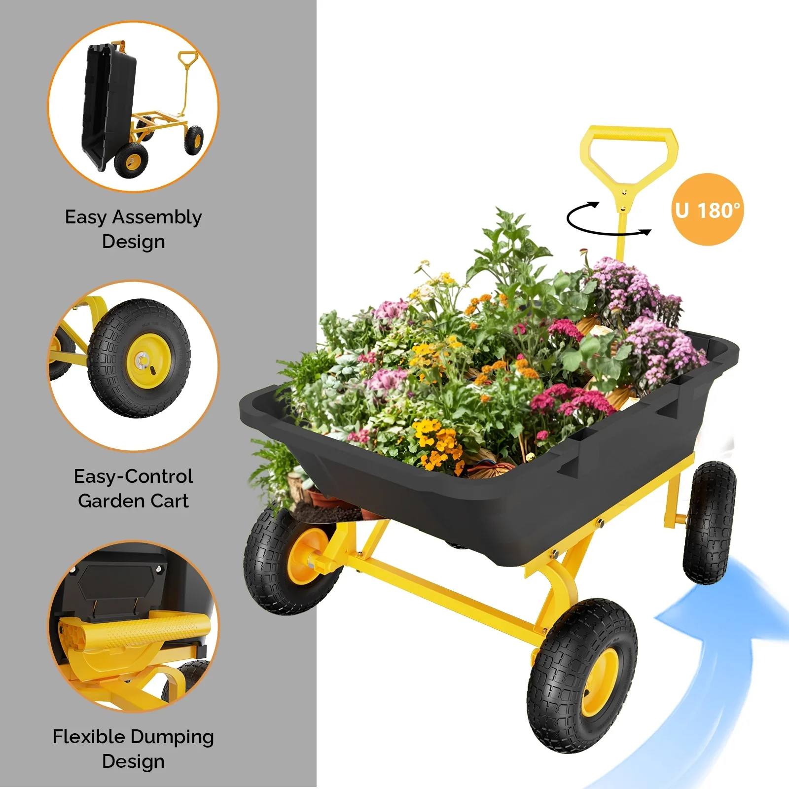 Zimtown 770 lbs Garden Dump Cart 4 Wheel All Terrain Steel Frame Quick Release, Yellow & Black