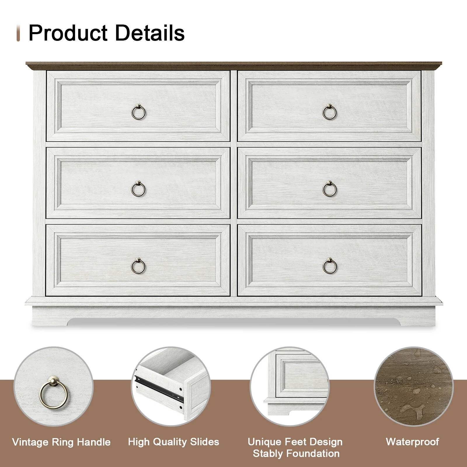 6 Drawers Dresser for Living Room,Storage Cabinet Wooden Dressers Organizer for Bedroom,White(Horizontal/White) - Image 9