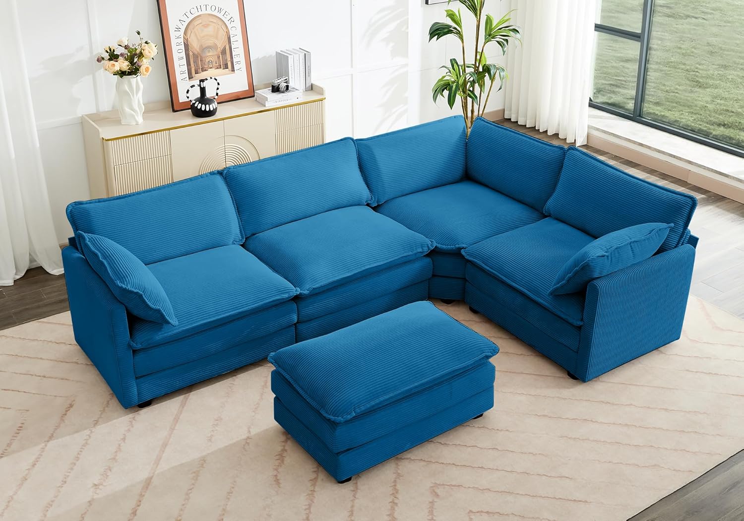 Canapé d'angle modulable surdimensionné ROWHY avec pouf amovible, 284 cm (112 pouces), ensemble de canapé moderne 4 places en velours côtelé, canapé convertible en L pour salon et bureau, beige