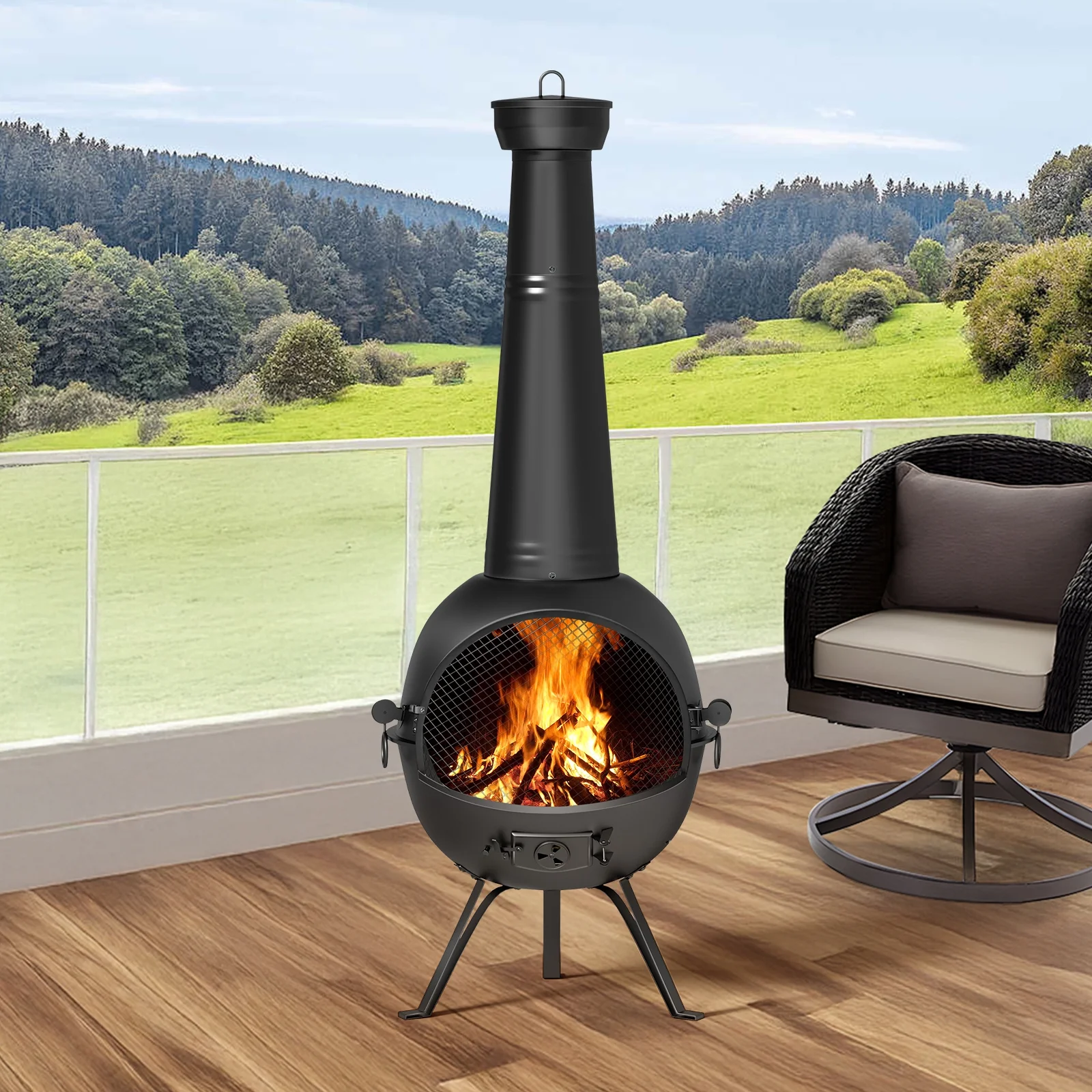 Chiminea Outdoor Fireplace, Wooden Fire Pit for Patio Backyard with Cover, Black(NFP056A) - Image 7