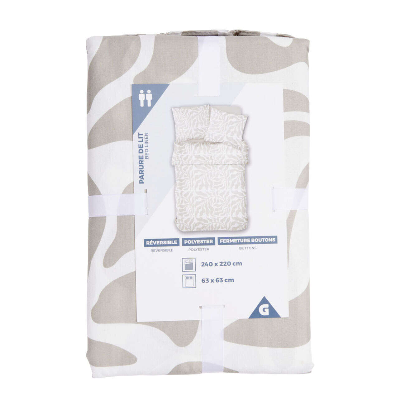 Parure de lit 2 personnes 240x220cm polyester motif feuillage beige et blanc