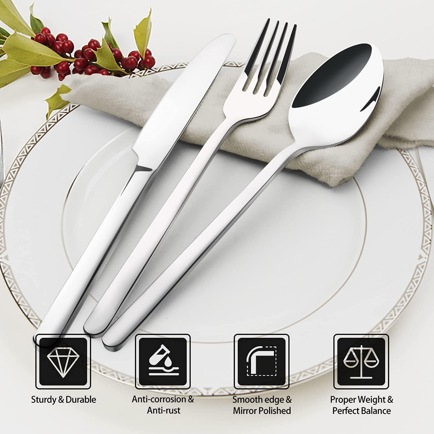 KINGSTONE Silverware Set, 20 Piece Flatware Cutlery Set for 4, 18/10 Stainless Steel Silverware Mirror Polished Dishwasher Safe for Home, Restaurant, Wedding, Party (Silver, 20 pieces for 4)