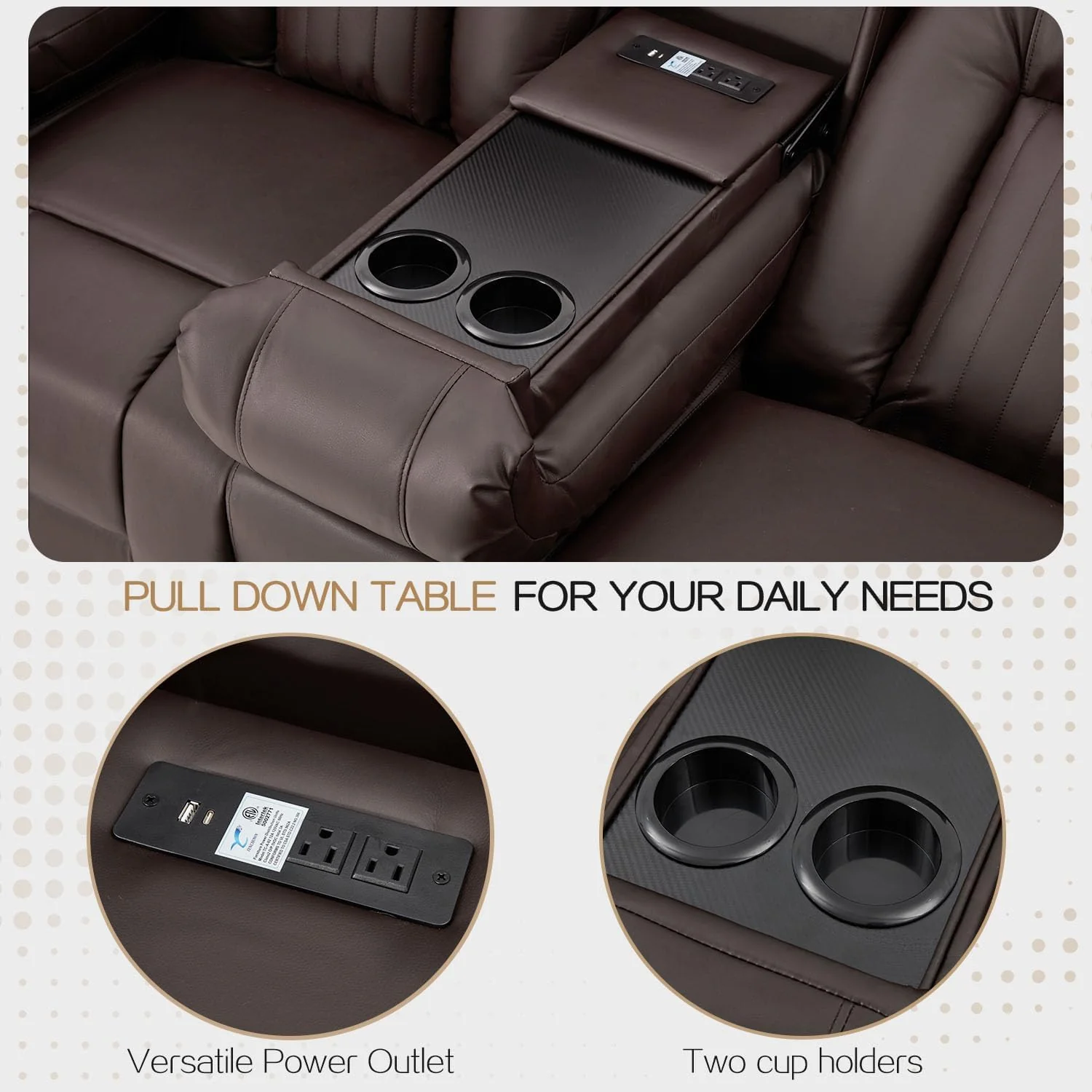 AECOJOY 3 Seater Recliner Sofa with Console&Bluetooth Speakers, Manual RV Sofa Couch, Brown