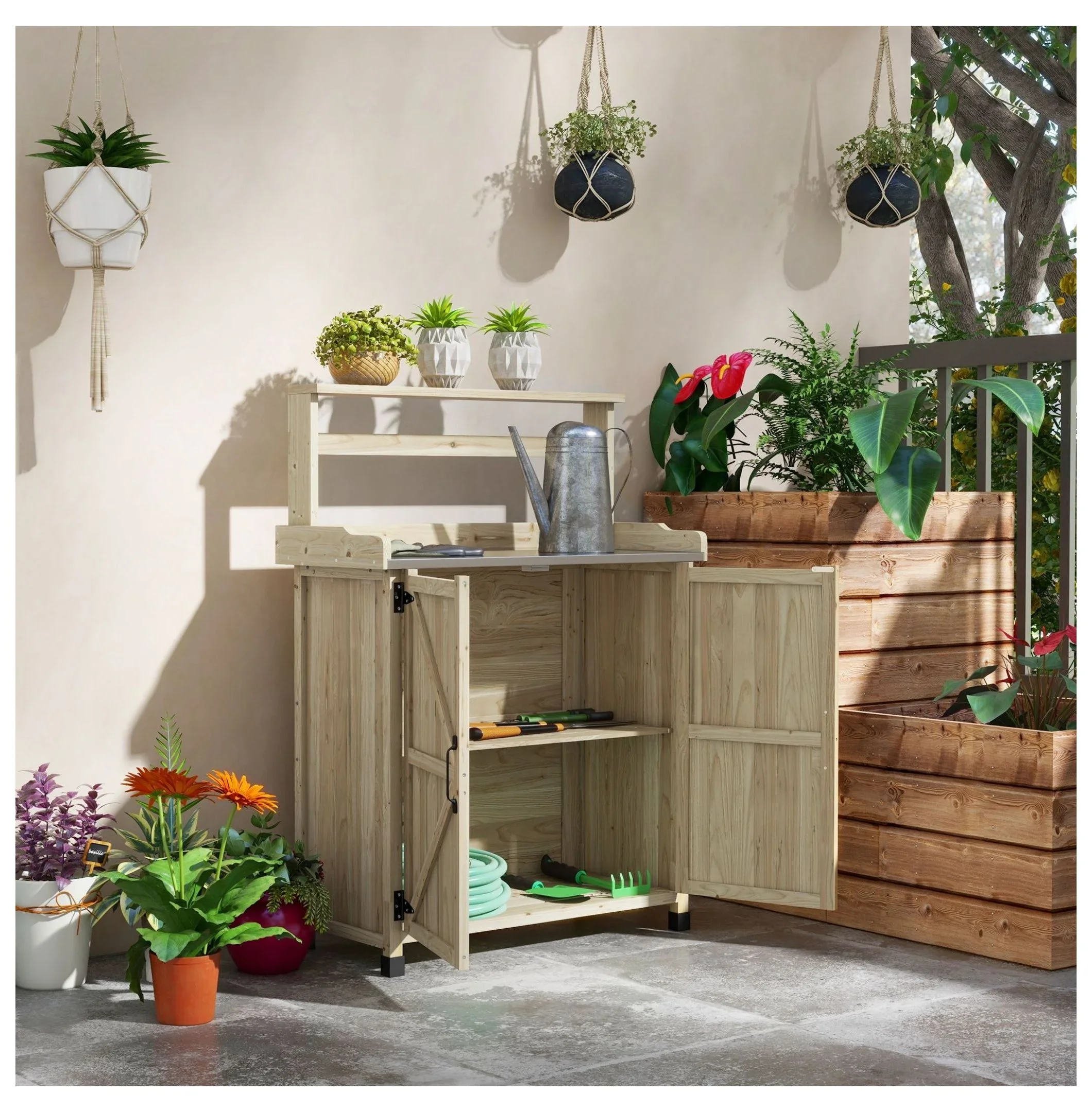 KWUXIN Garden Potting Bench with Storage & Shelves, Natural Finish, Galvanized Tabletop, Rubber Feet, Gray