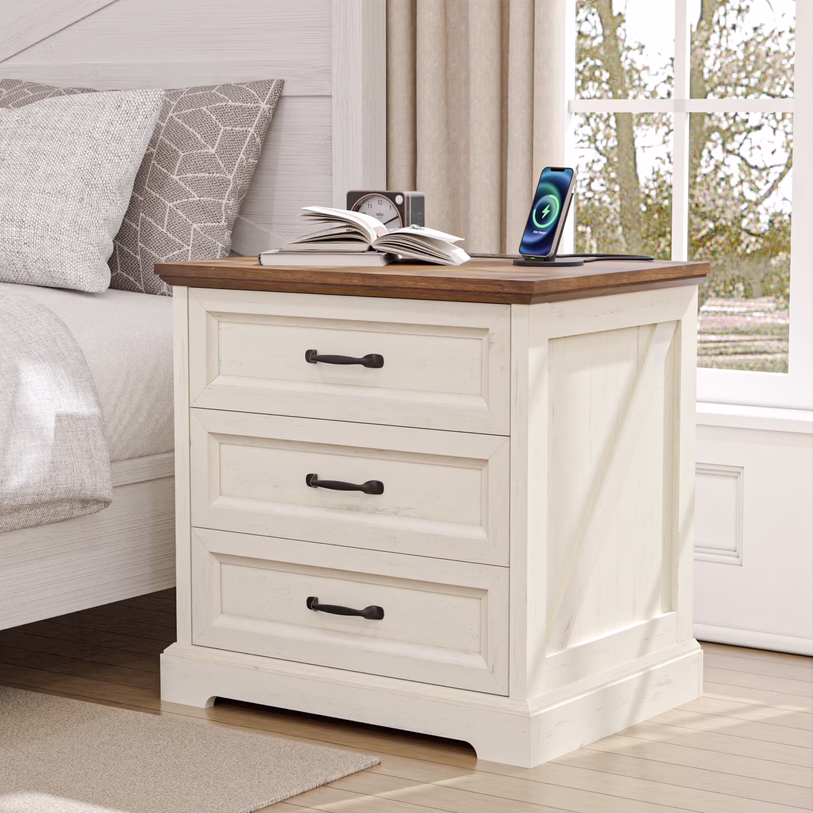 Farmhouse 3 Drawers Nightstand with Charging Station, Rustic Wood Night Stand with Drawers for Bedroom, Vintage Bedside Table Small Dresser Chest of Drawers for Living Room, White(Rustic White)