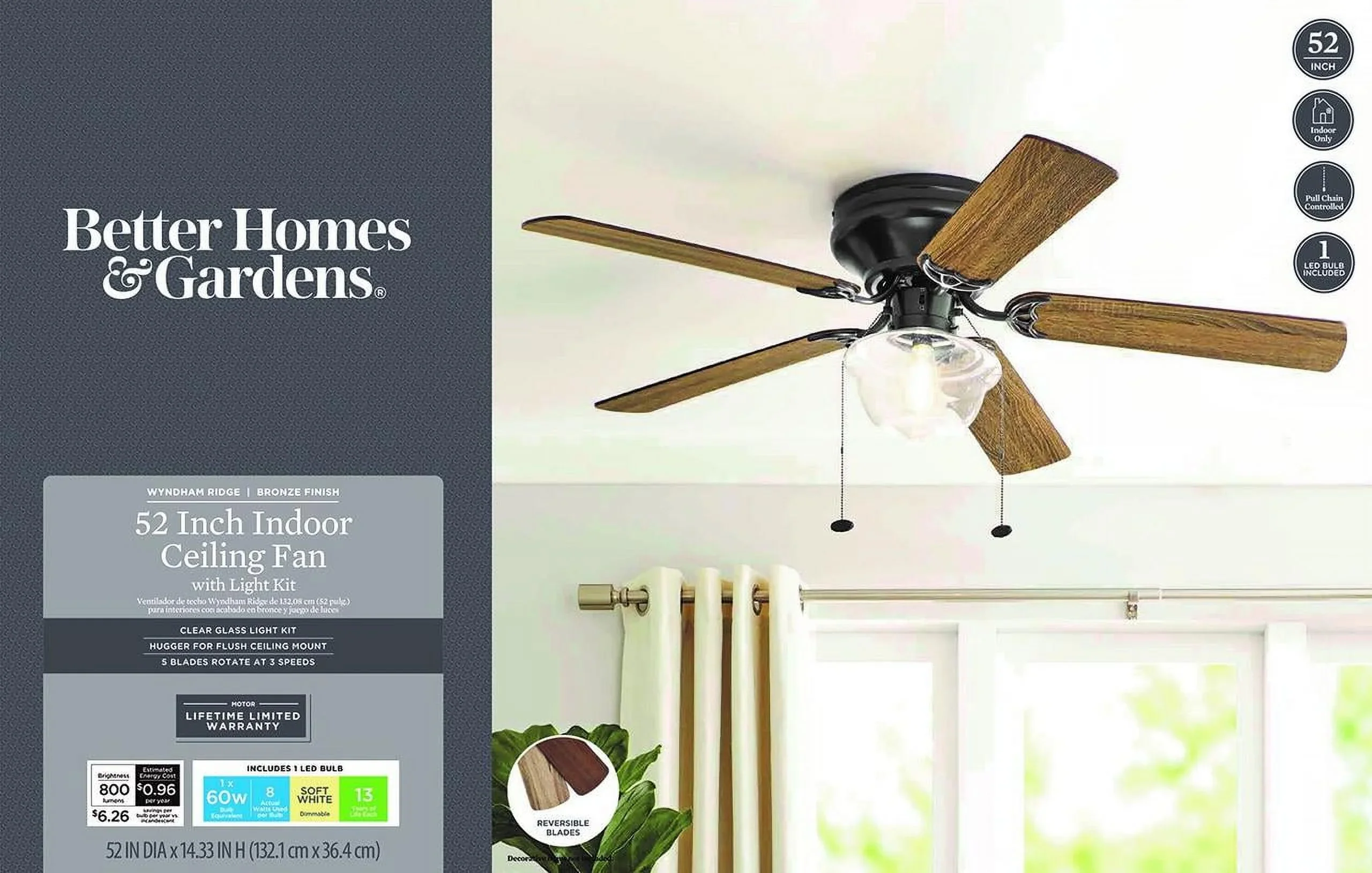 Better Homes & Gardens Wyndham 52 Bronze Ceiling Fan with Light, 5 Blades, Pull Chains & Reverse Airflow