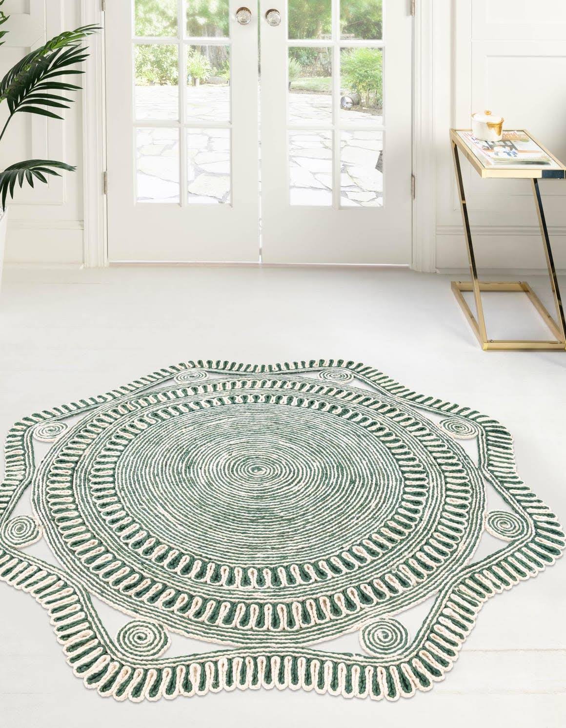 Unique Loom Hand Braided Jute 2 ft Round Green and White Geometric, Natural Area Rug