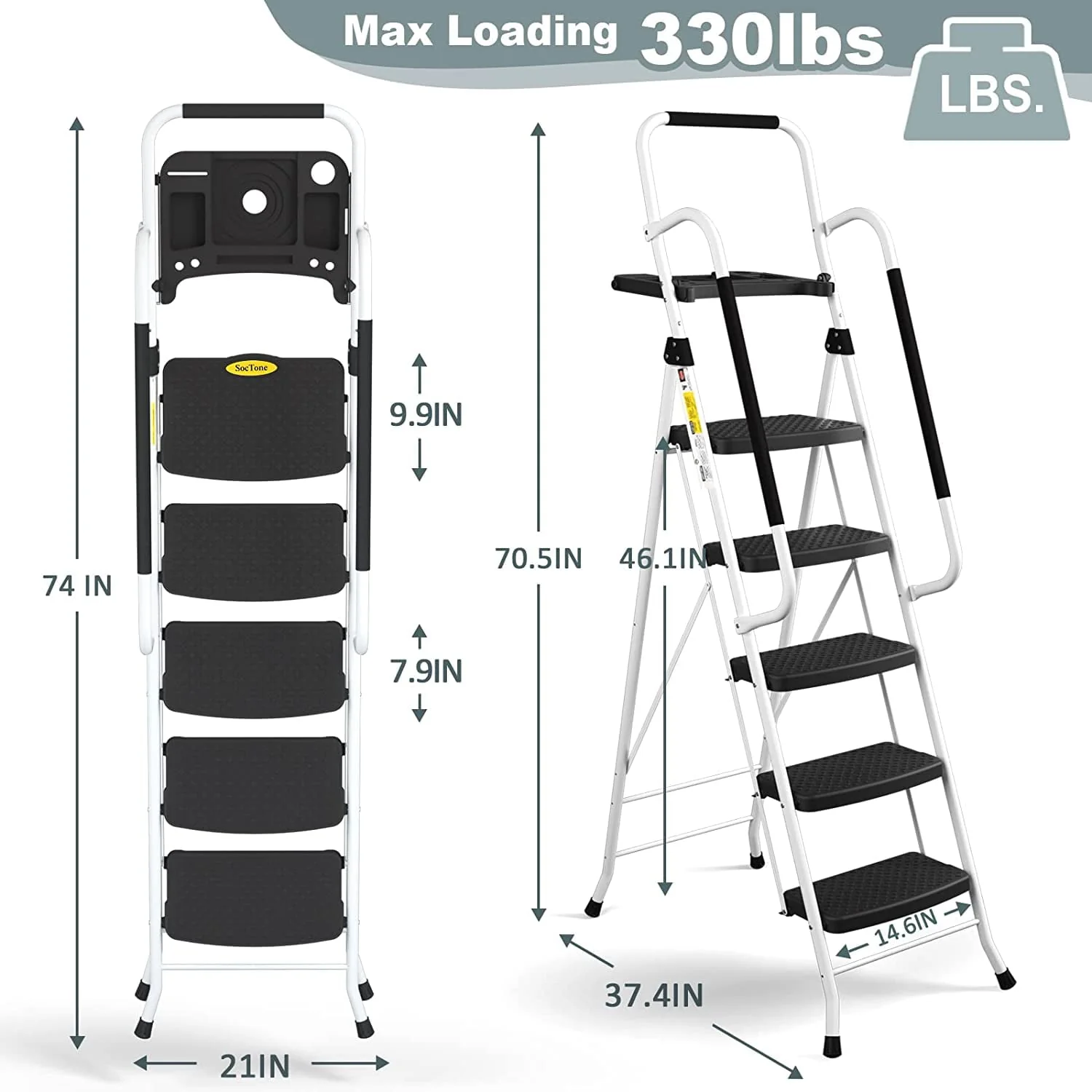 Folding 5-Step Ladder, 330lbs, with Handrails and Tool Tray and Anti-Slip Pedal, White - Image 2