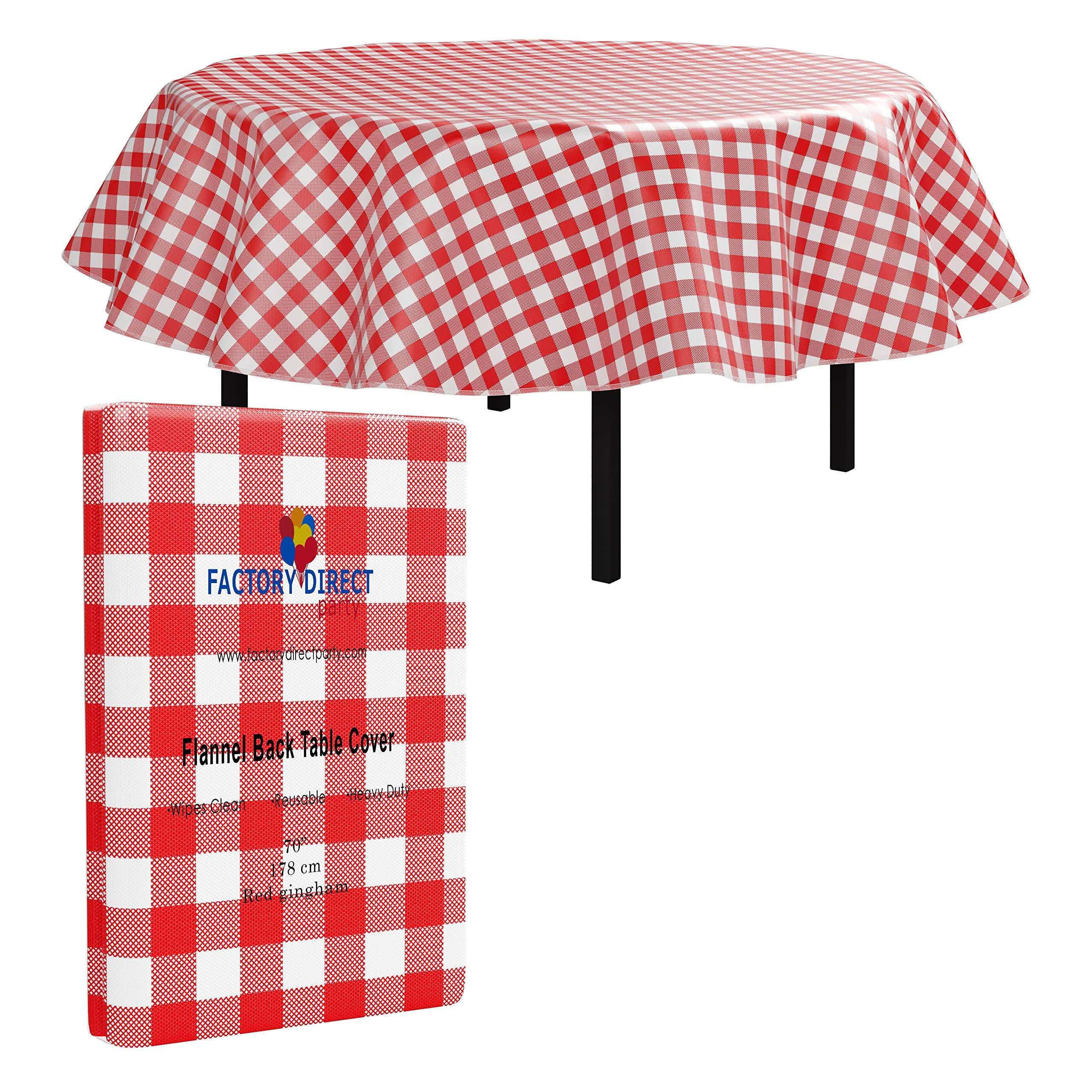 Exquisite Flannel Backed Vinyl Tablecloths, Solid Colour Premium Quality Waterproof Table Cover (180cm . Round, Red Gingham