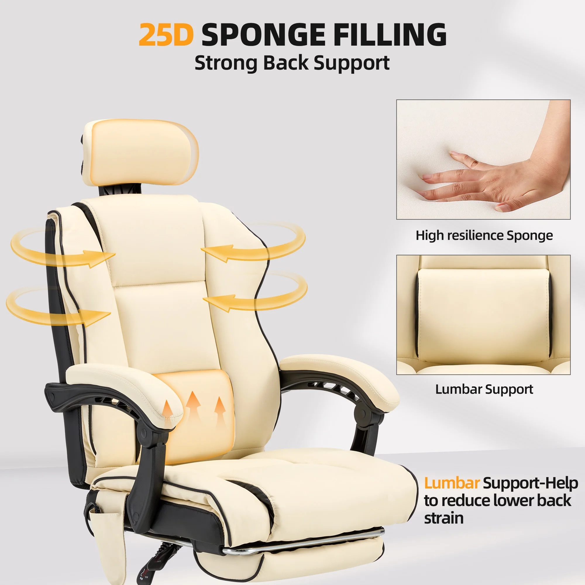 HOMREST 6 - Point Massage Office Chair with Footrest, Heated Executive Office Chair with Reclining Backrest, Ergonomic Gaming Chair with Padded Armrest, Off - White
