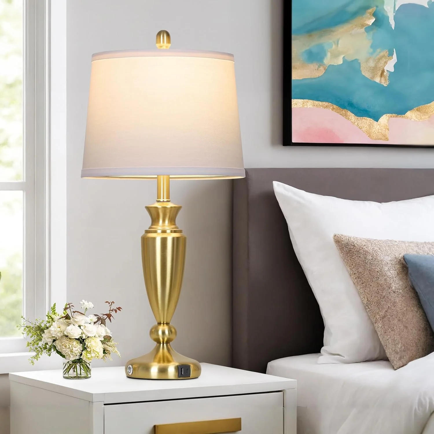 27'' Gold Table Lamps for Living Room, 3 Way Touch Control Bedside Lamps Set of 2 with USB A+C Ports, Modern Metal Nightstand Lamps for Bedroom Living Room Office End Table(Gold) Image 8