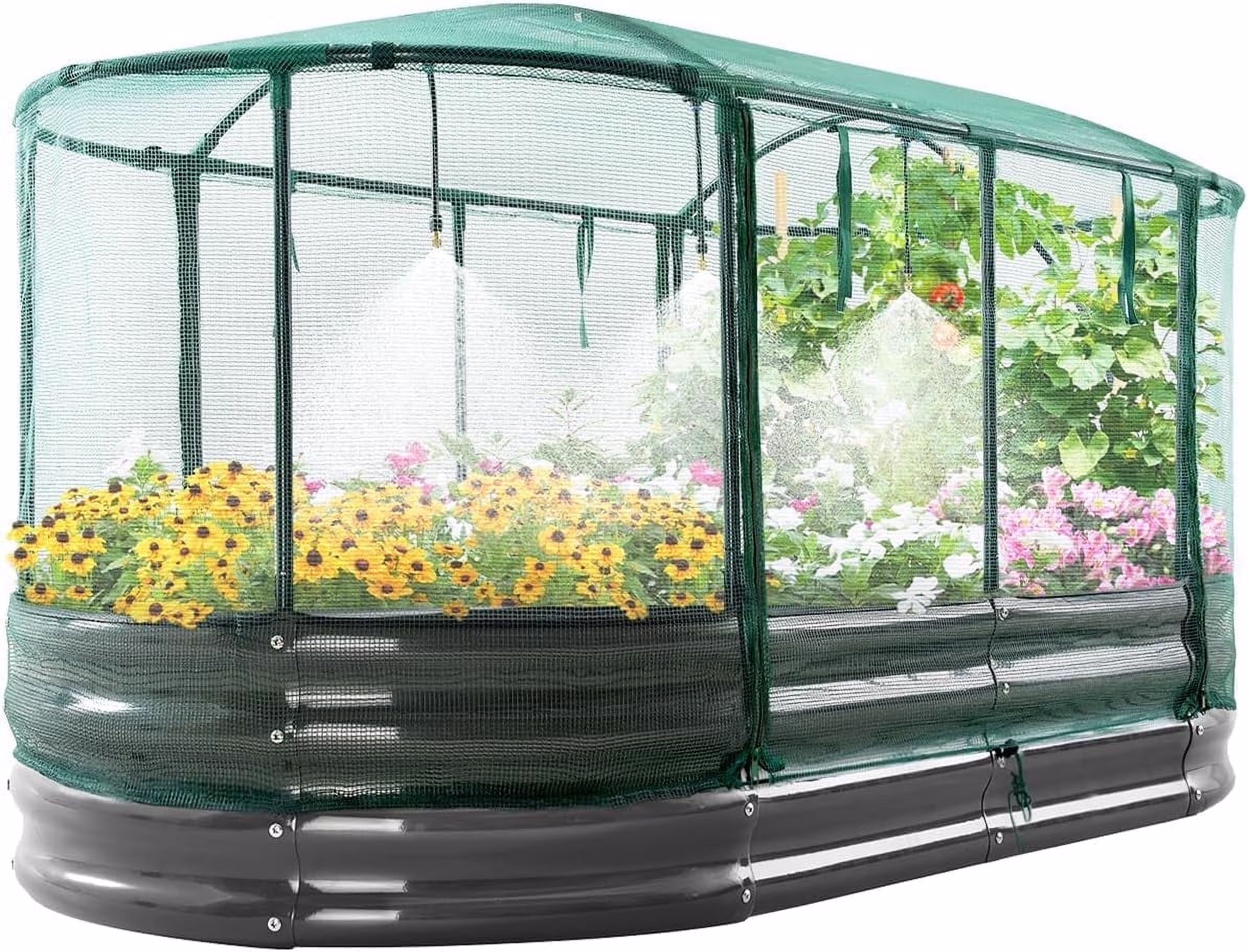 Quictent 6x3x1 ft Galvanized Raised Garden Bed Kit with Self Watering System and Mesh Cover, Large Oval Metal Outdoor Planter Garden Boxes for Vegetables Herbs Flowers