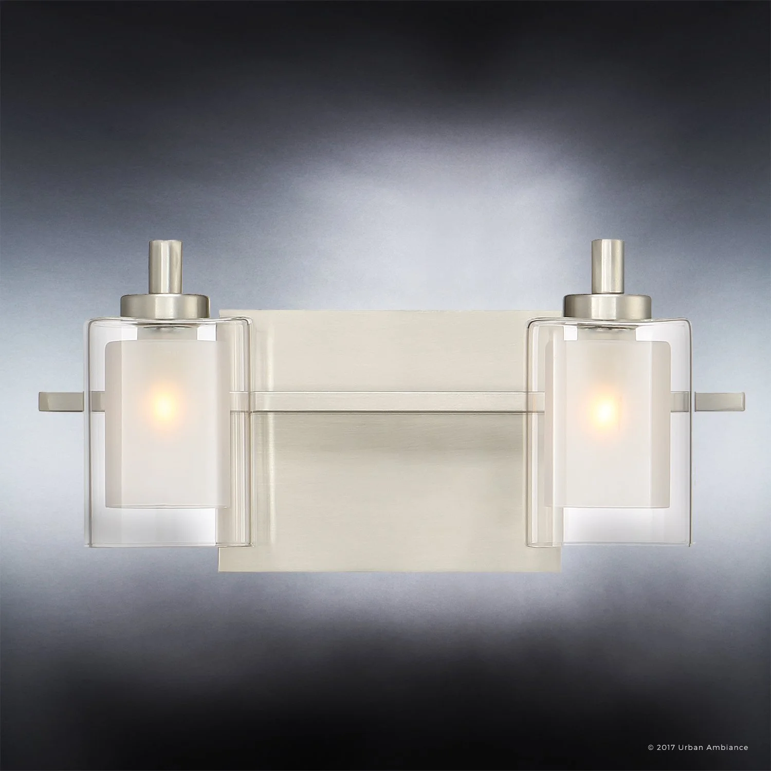 Urban Ambiance Luxury Modern Bathroom Vanity Light, Medium Size: 6"H x 13"W, with Posh Style Elements, Brushed Nickel Finish and Sand Blasted Inner Glass, Clear Outer Glass, UQL2400(Nickel)
