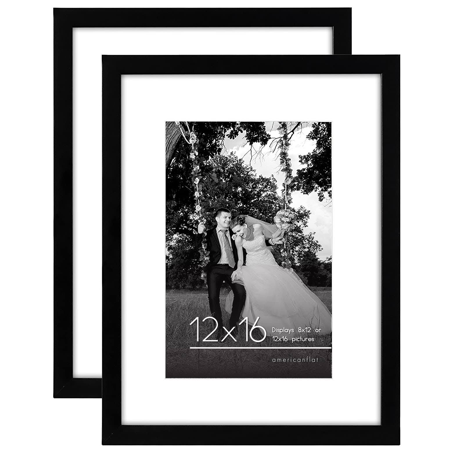Americanflat 12x16 Picture Frame in Black - Displays 8x12 with Mat or 12x16 Without Mat - Composite Wood with Shatter Resistant Glass - Horizontal