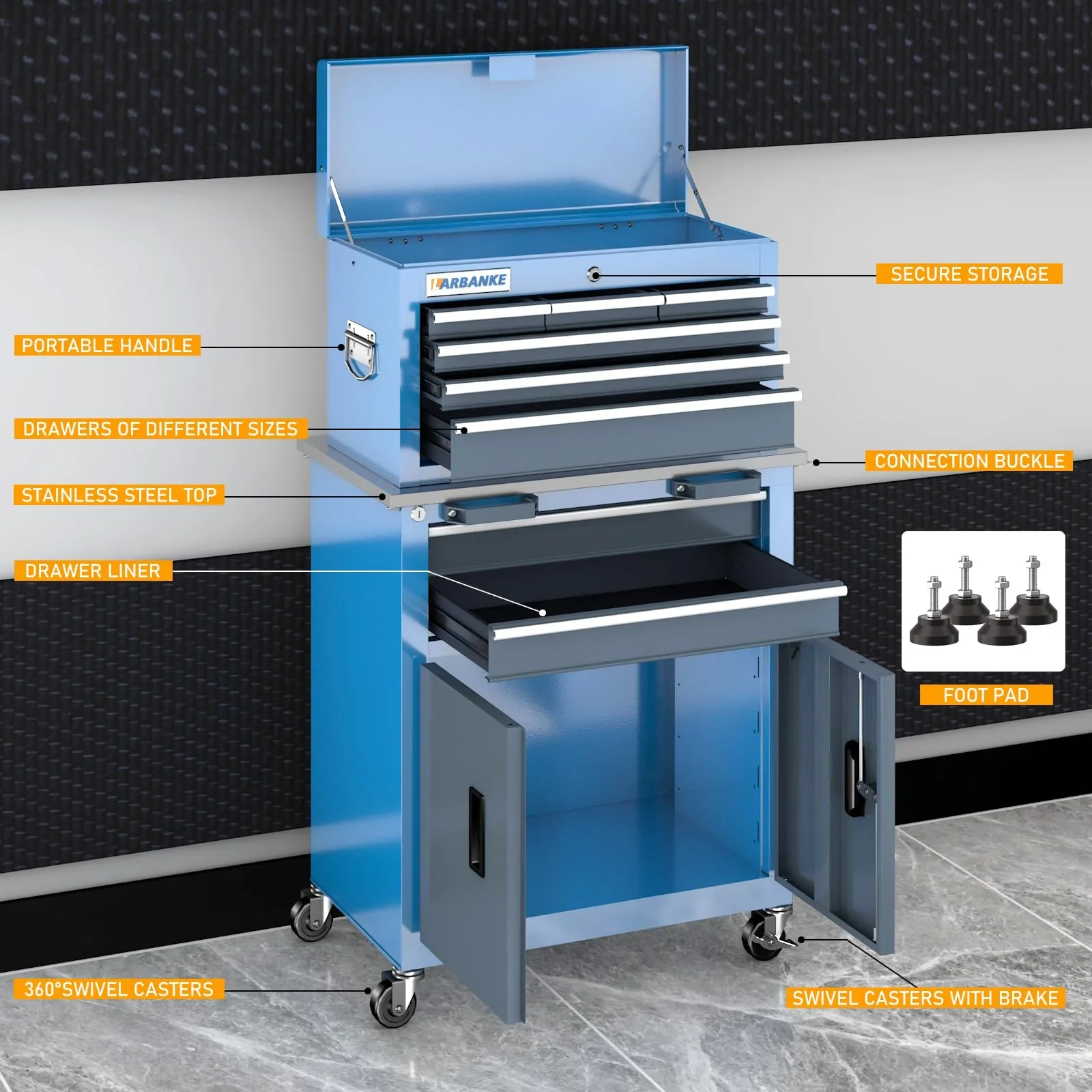 Rolling Tool Chest 5-Drawer Tool Cabinet with Stainless Steel Top Key Lock Heavy-Duty