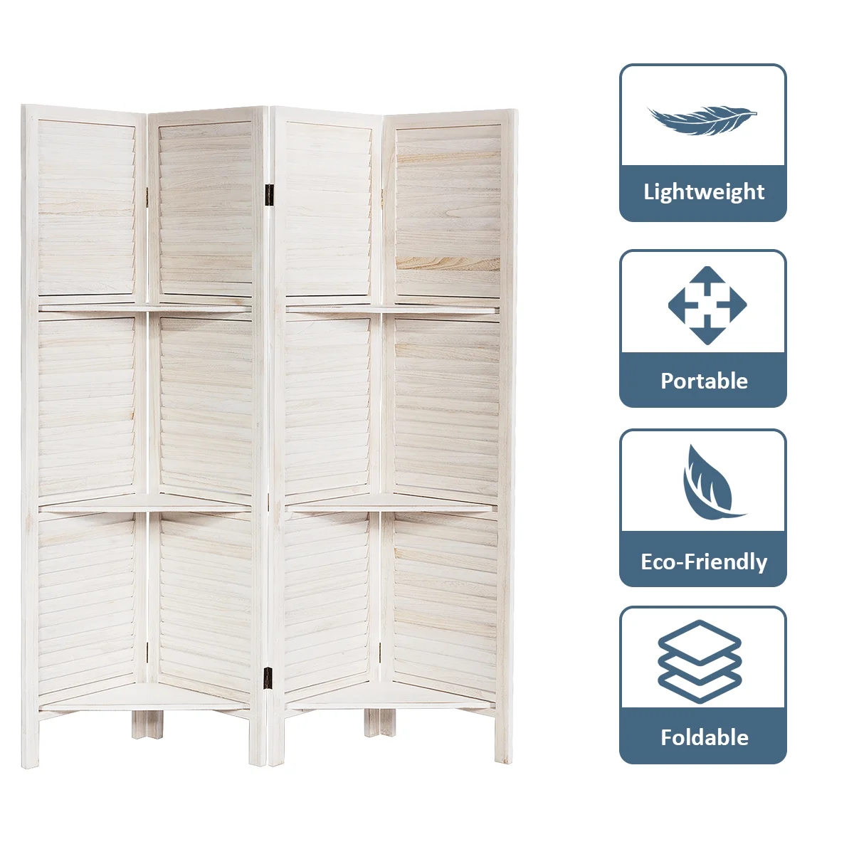 4 Panel Folding Room Divider Screen W/3 Display Shelves 5.6 Ft Tall(White) - Image 6