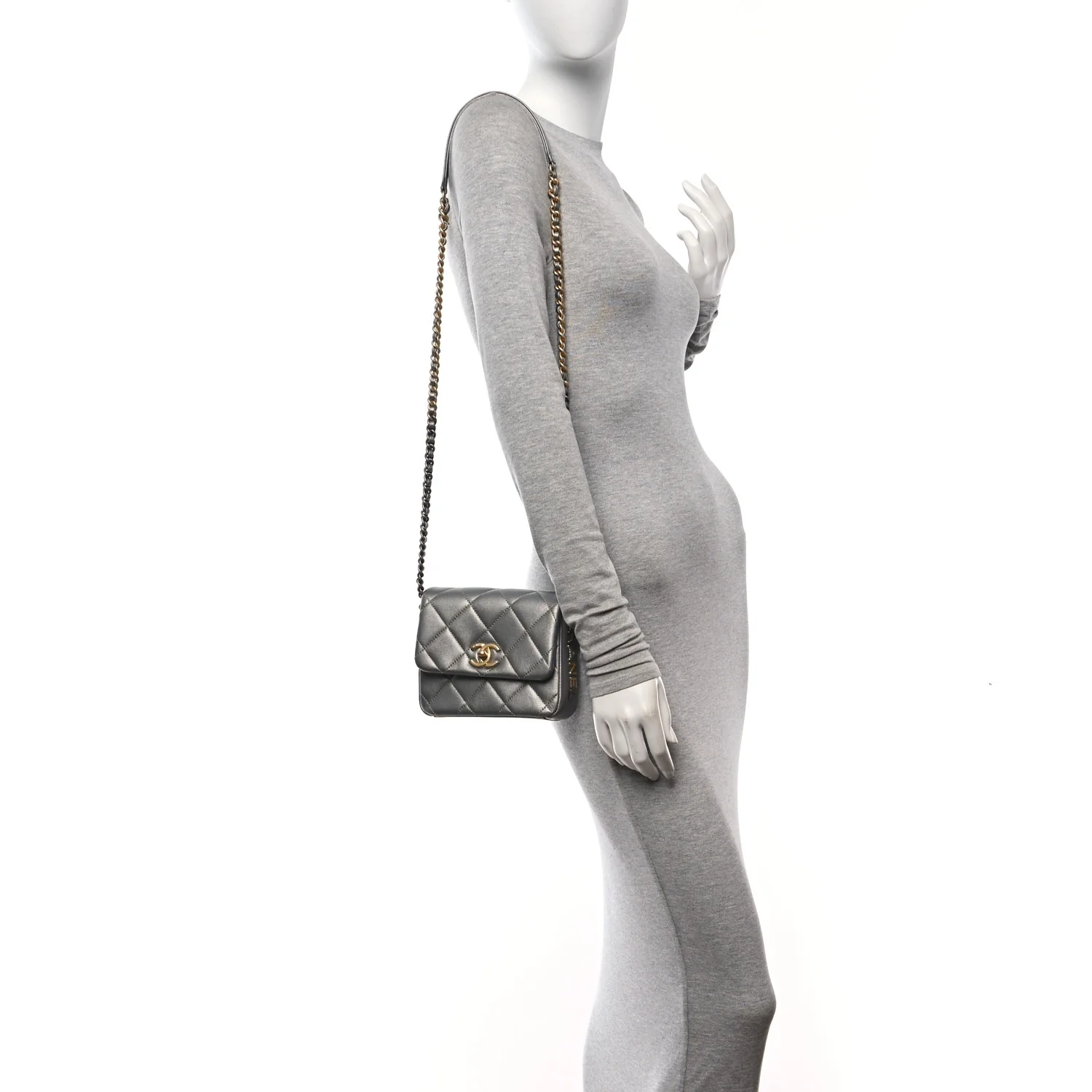 Metallic Lambskin Quilted Mini Side Note Flap Grey