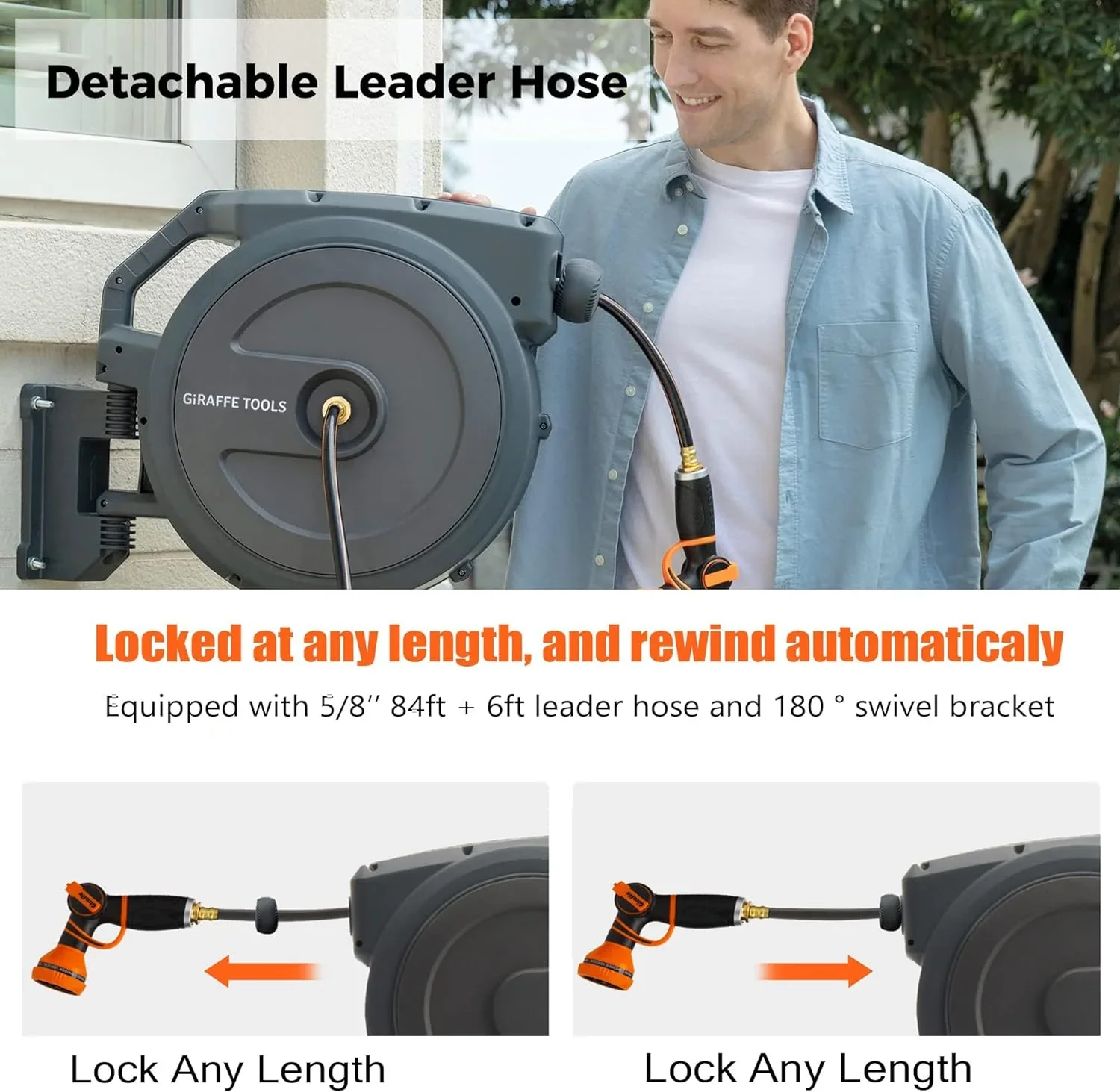 Giraffe Tools Retractable Garden Hose Reel with 1/2in-100ft Water Hose, Plastic Bracket, Wall Mounted, Dark Grey